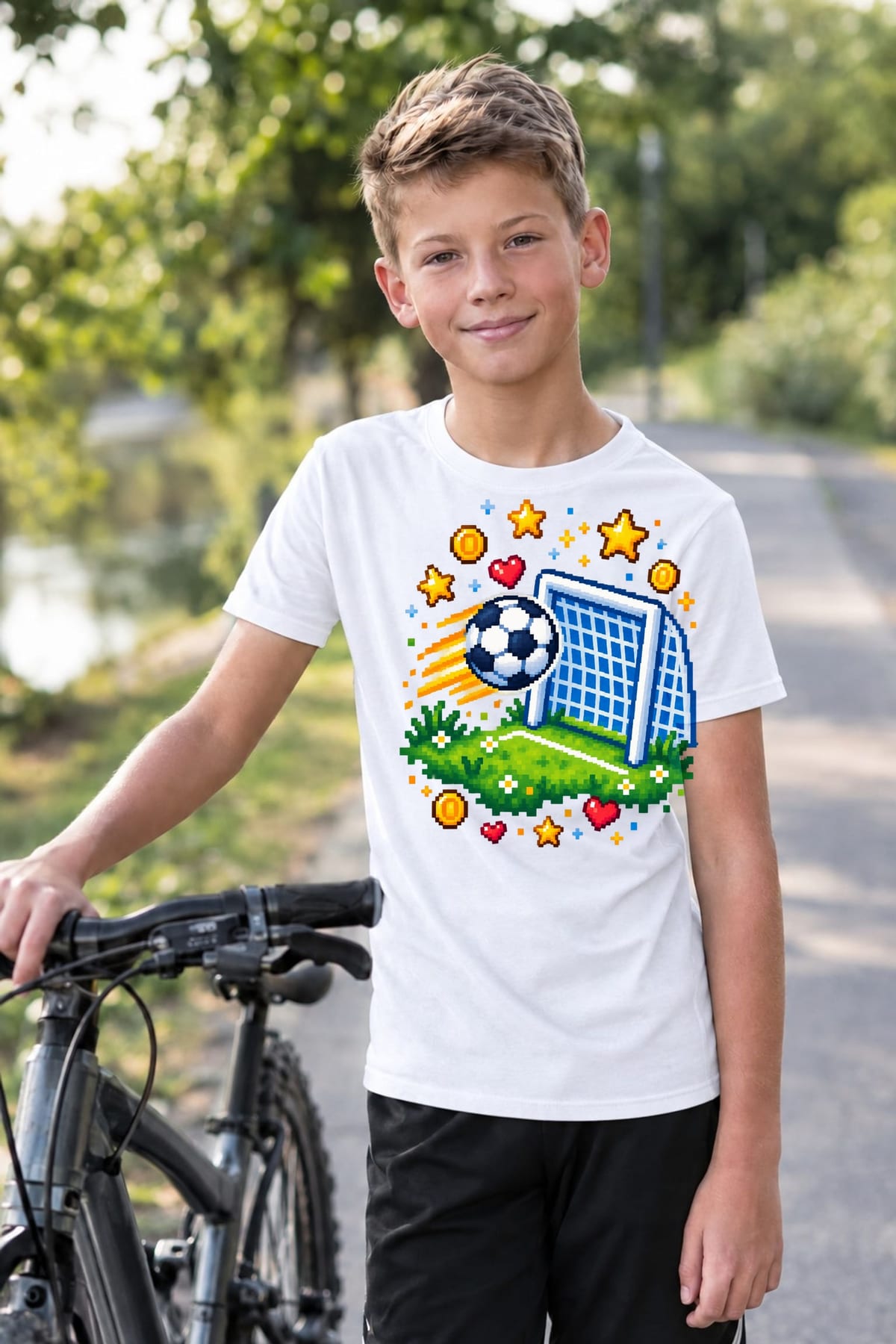 Koszulka dla chłopca z piłką nożną biała pixel art, zdjęcie 3