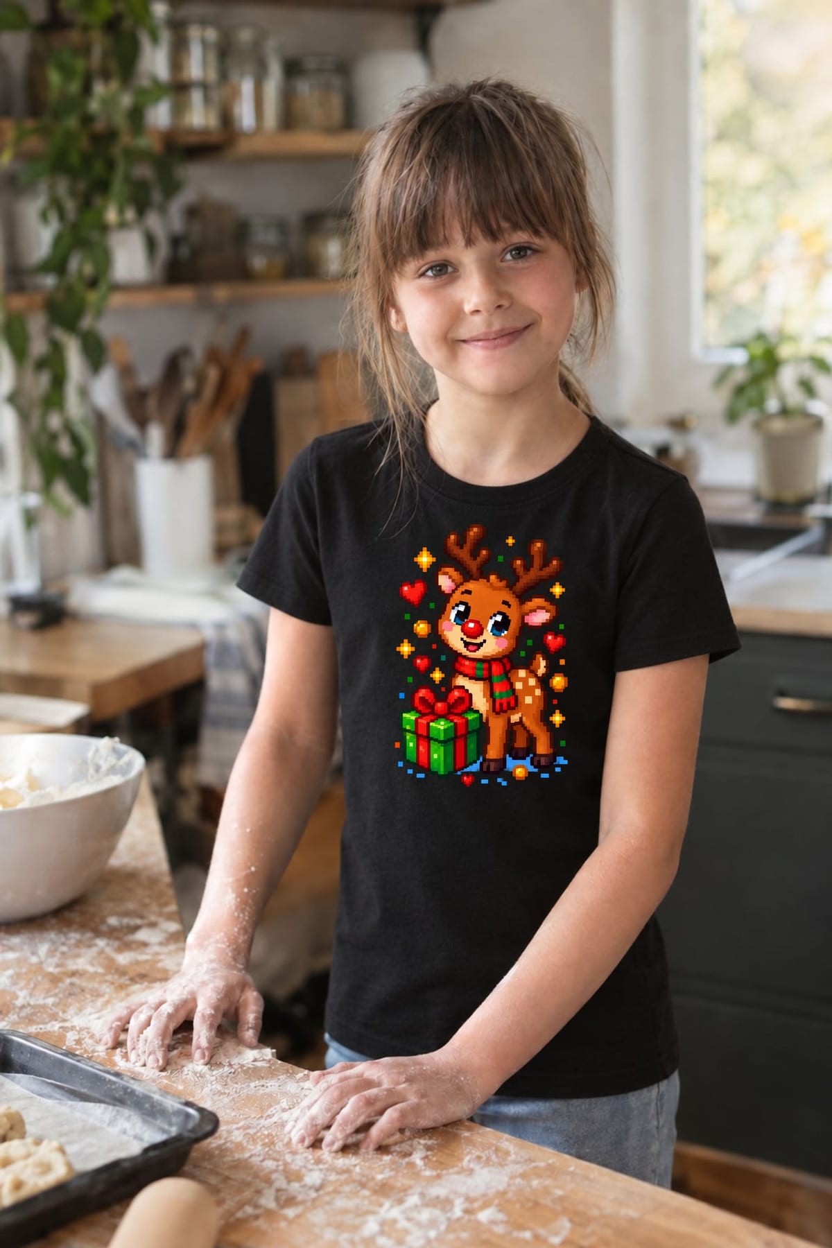 Koszulka z reniferem dla dzieci dla dziewczynki czarna pixel art, zdjęcie 6