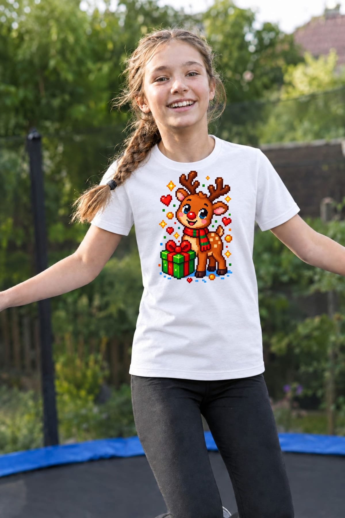 Koszulka z reniferem dla dzieci dla dziewczynki biała pixel art, zdjęcie 3
