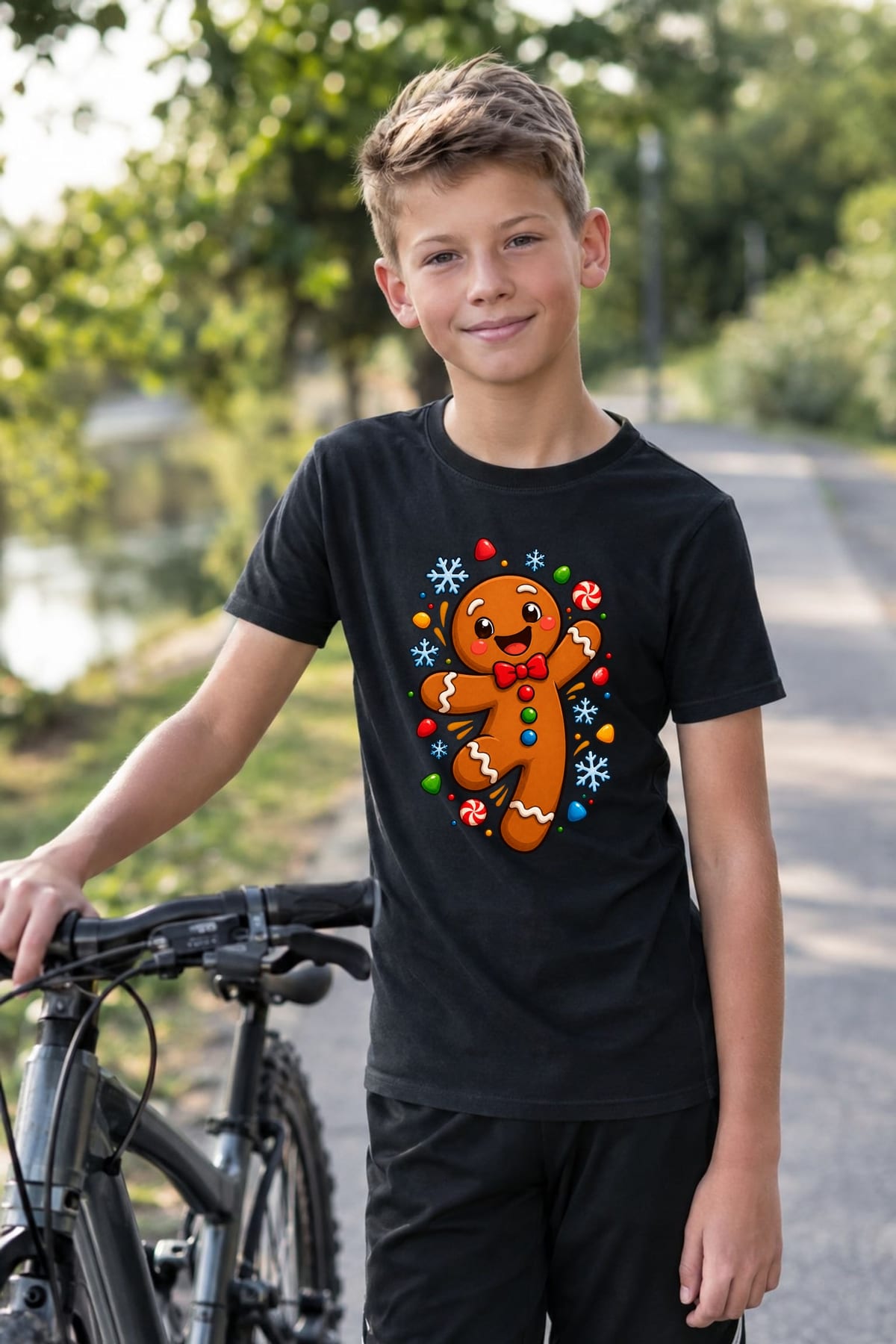 Koszulka z piernikiem dla chłopca czarna wesoła bajka w ruchu, zdjęcie 4