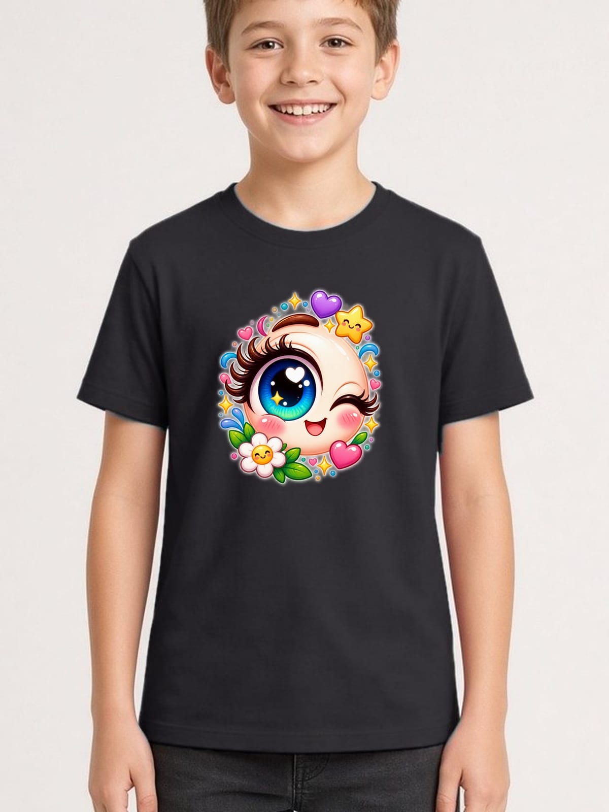 Koszulka z okiem dla chłopca czarna słodki styl kawaii, zdjęcie 1