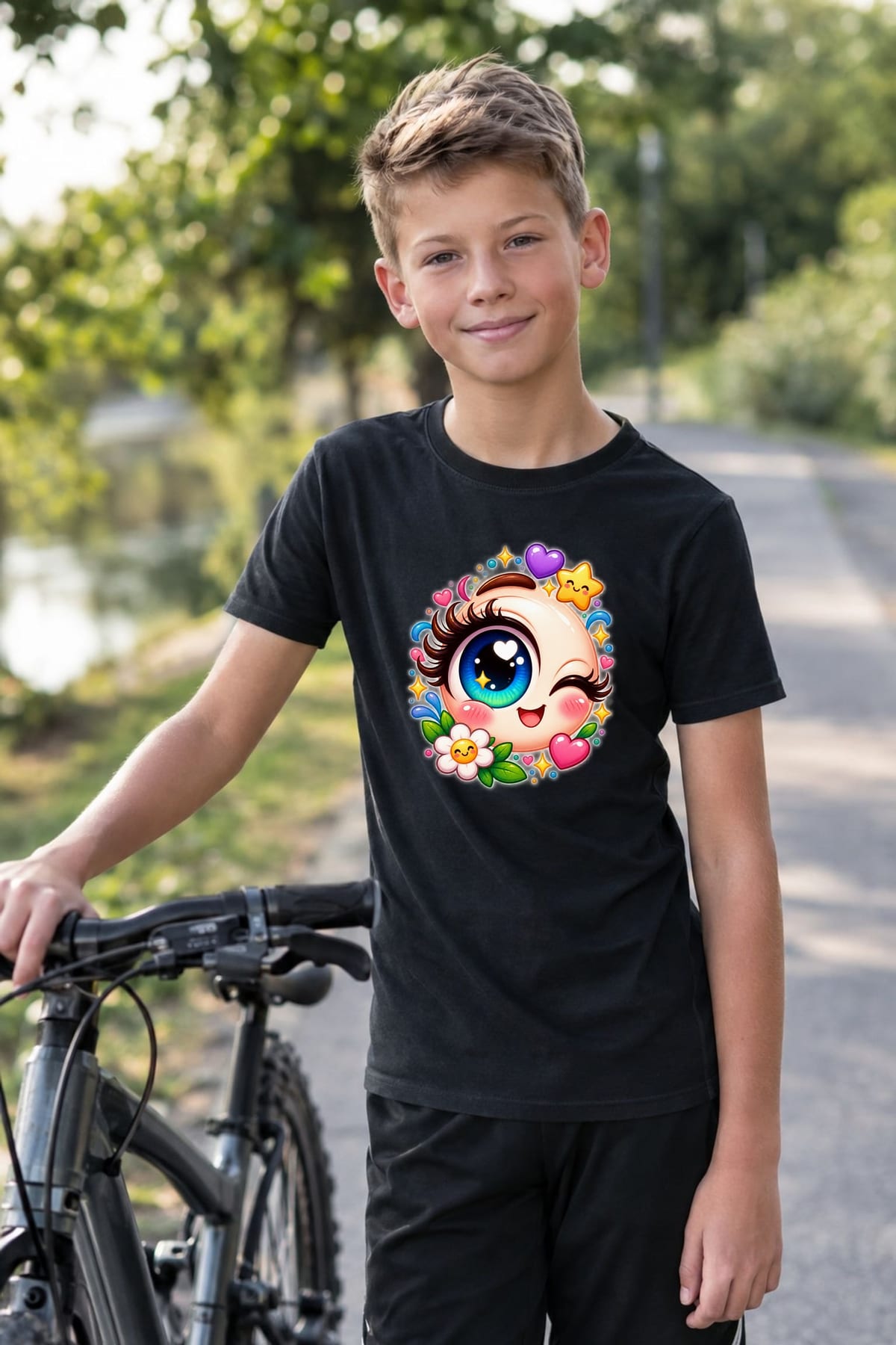 Koszulka z okiem dla chłopca czarna słodki styl kawaii, zdjęcie 3