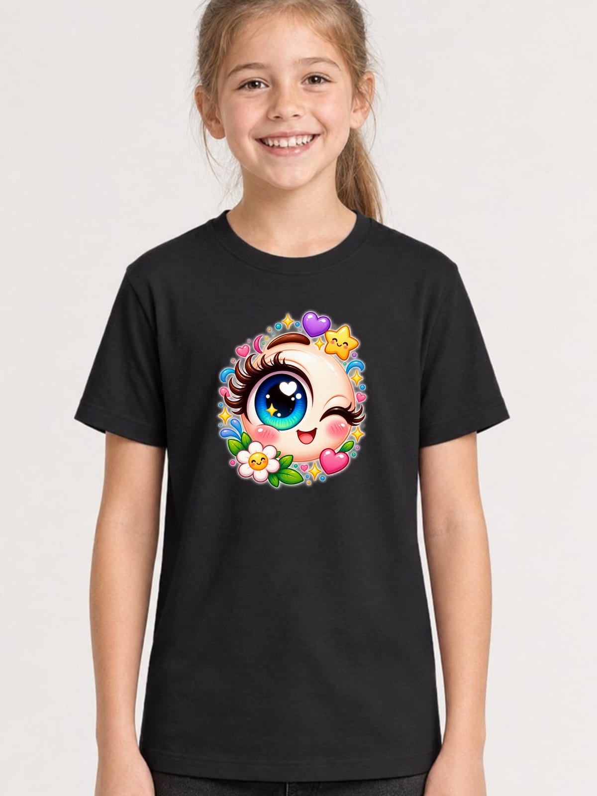 Koszulka z okiem dla dziewczynki czarna słodki styl kawaii, zdjęcie 1