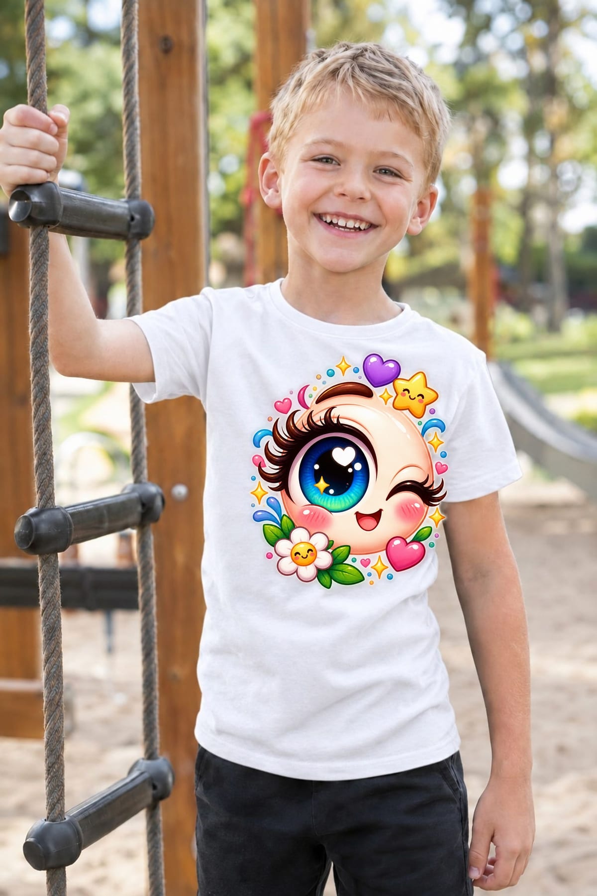 Koszulka z okiem dla chłopca biała słodki styl kawaii, zdjęcie 4