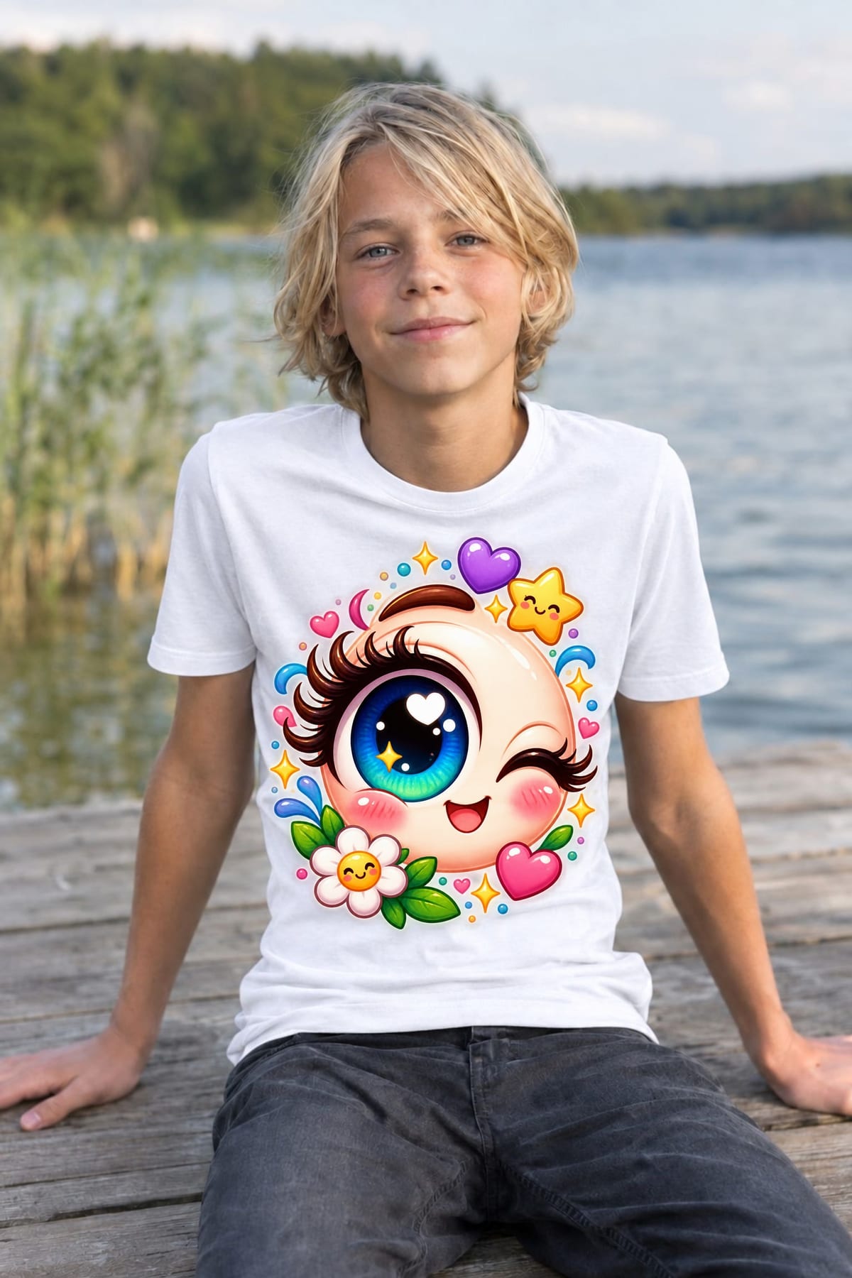 Koszulka z okiem dla chłopca biała słodki styl kawaii, zdjęcie 5