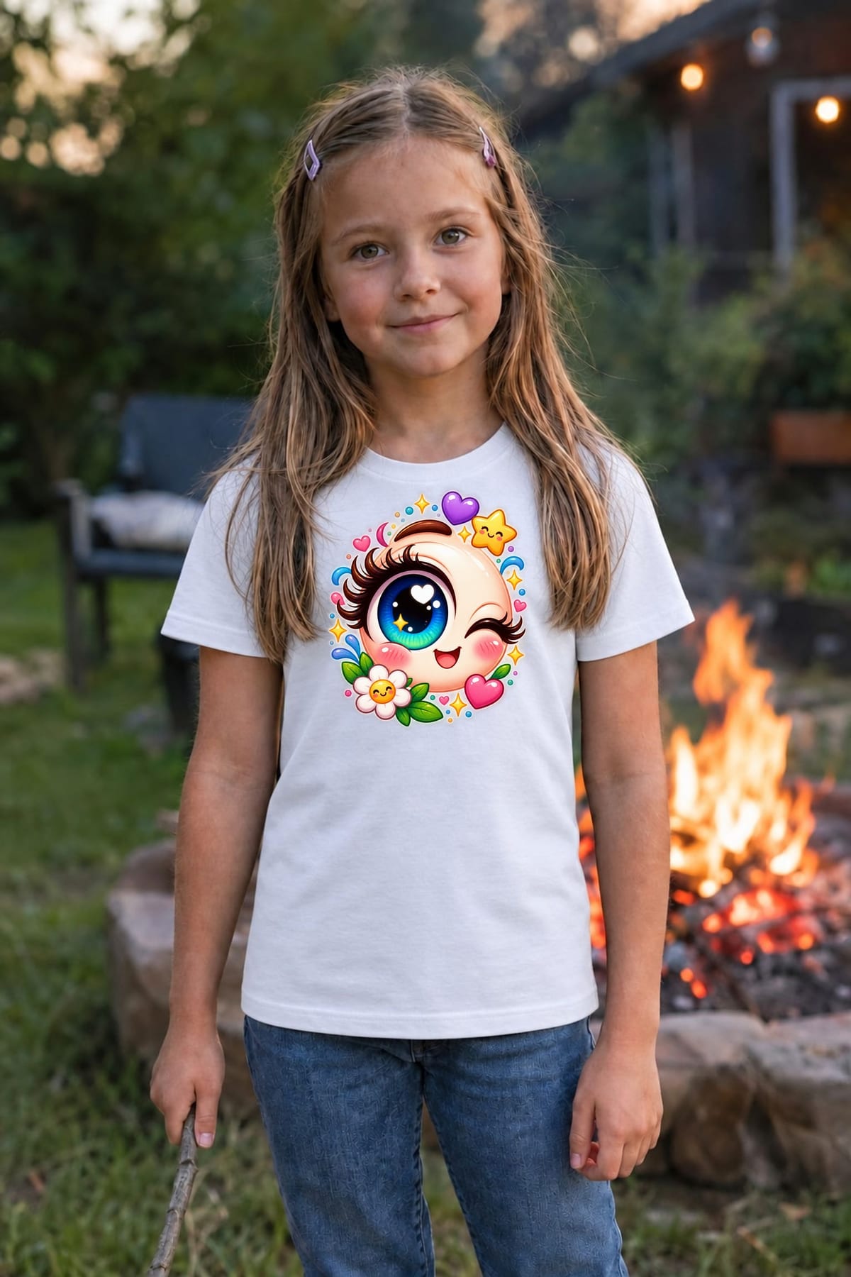 Koszulka z okiem dla dziewczynki biała słodki styl kawaii, zdjęcie 3