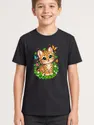 Koszulka ze żbikiem dla chłopca czarna słodki kawaii styl, zdjęcie 1
