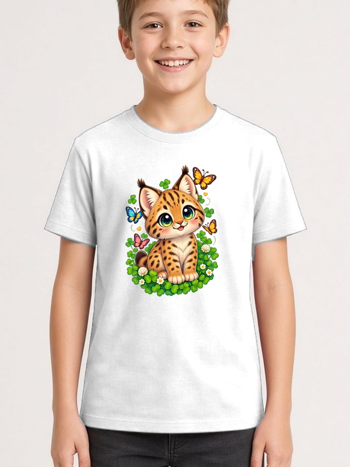 Koszulka ze żbikiem dla chłopca biała słodki kawaii styl, zdjęcie 1