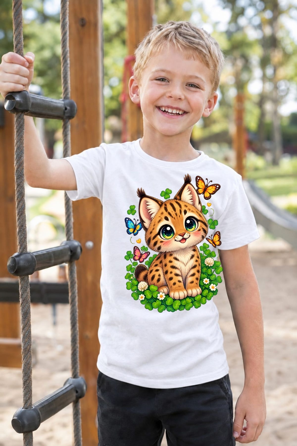Koszulka ze żbikiem dla chłopca biała słodki kawaii styl, zdjęcie 3