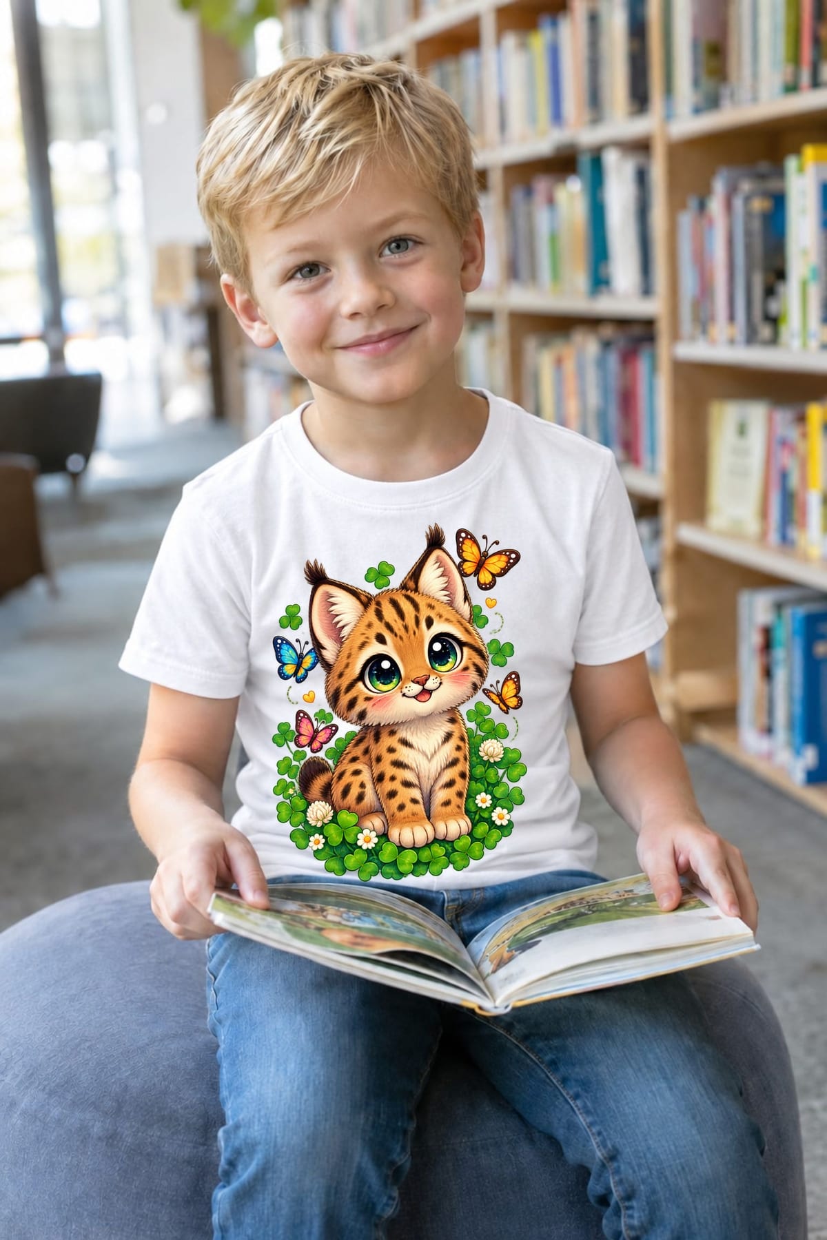 Koszulka ze żbikiem dla chłopca biała słodki kawaii styl, zdjęcie 6