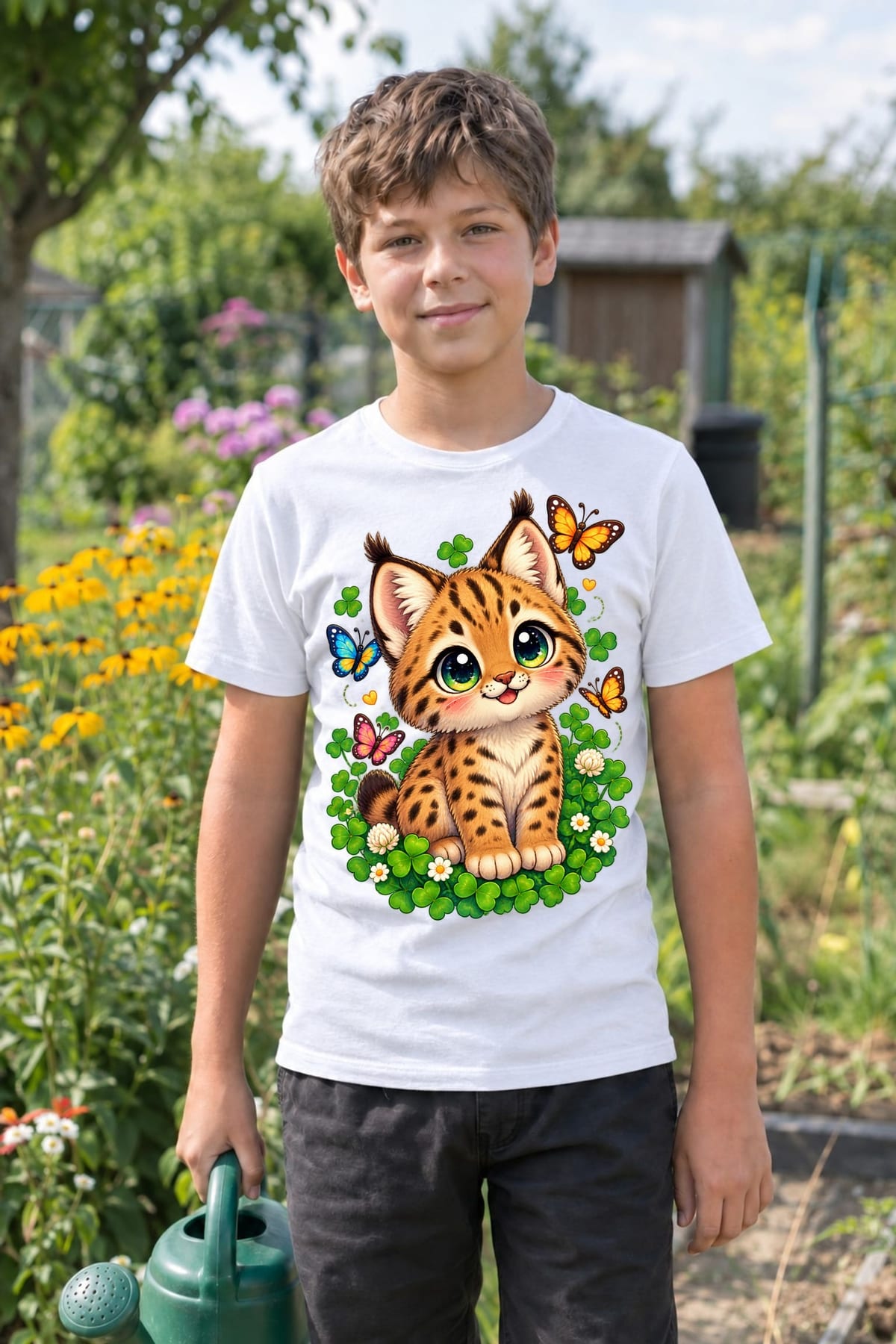 Koszulka ze żbikiem dla chłopca biała słodki kawaii styl, zdjęcie 7