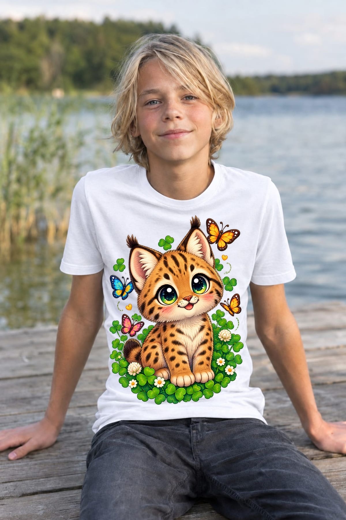 Koszulka ze żbikiem dla chłopca biała słodki kawaii styl, zdjęcie 8