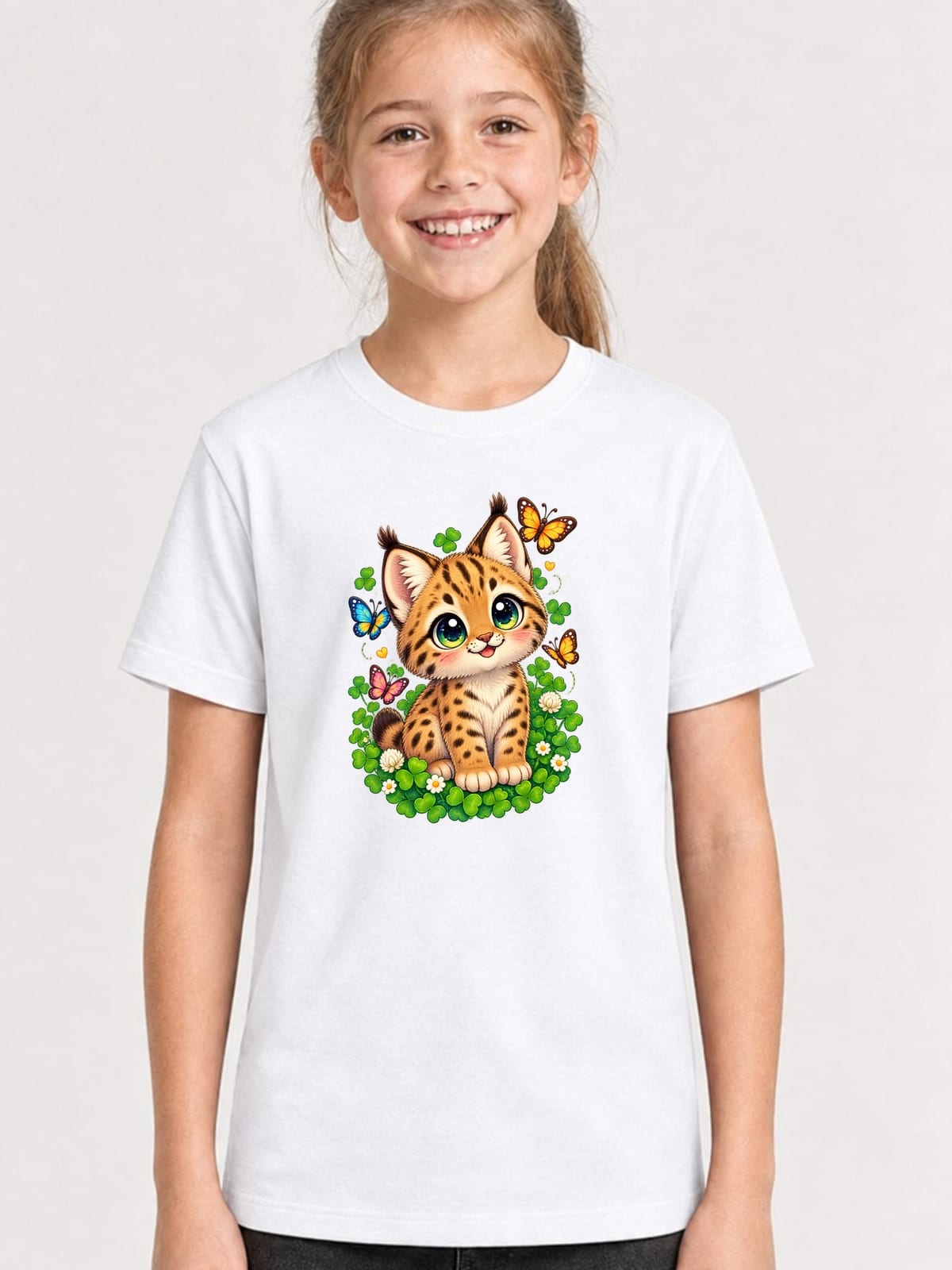 Koszulka ze żbikiem dla dziewczynki biała słodki kawaii styl, zdjęcie 1