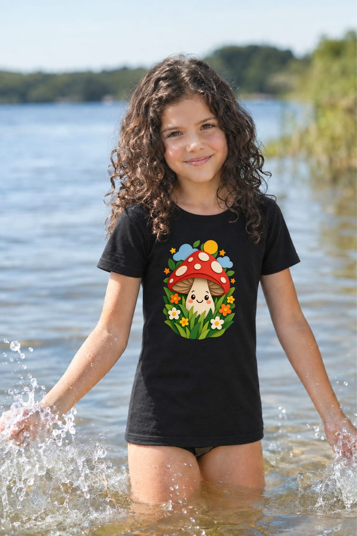 Koszulka z muchomorem w kwiatach dla dziewczynki czarna, zdjęcie 8
