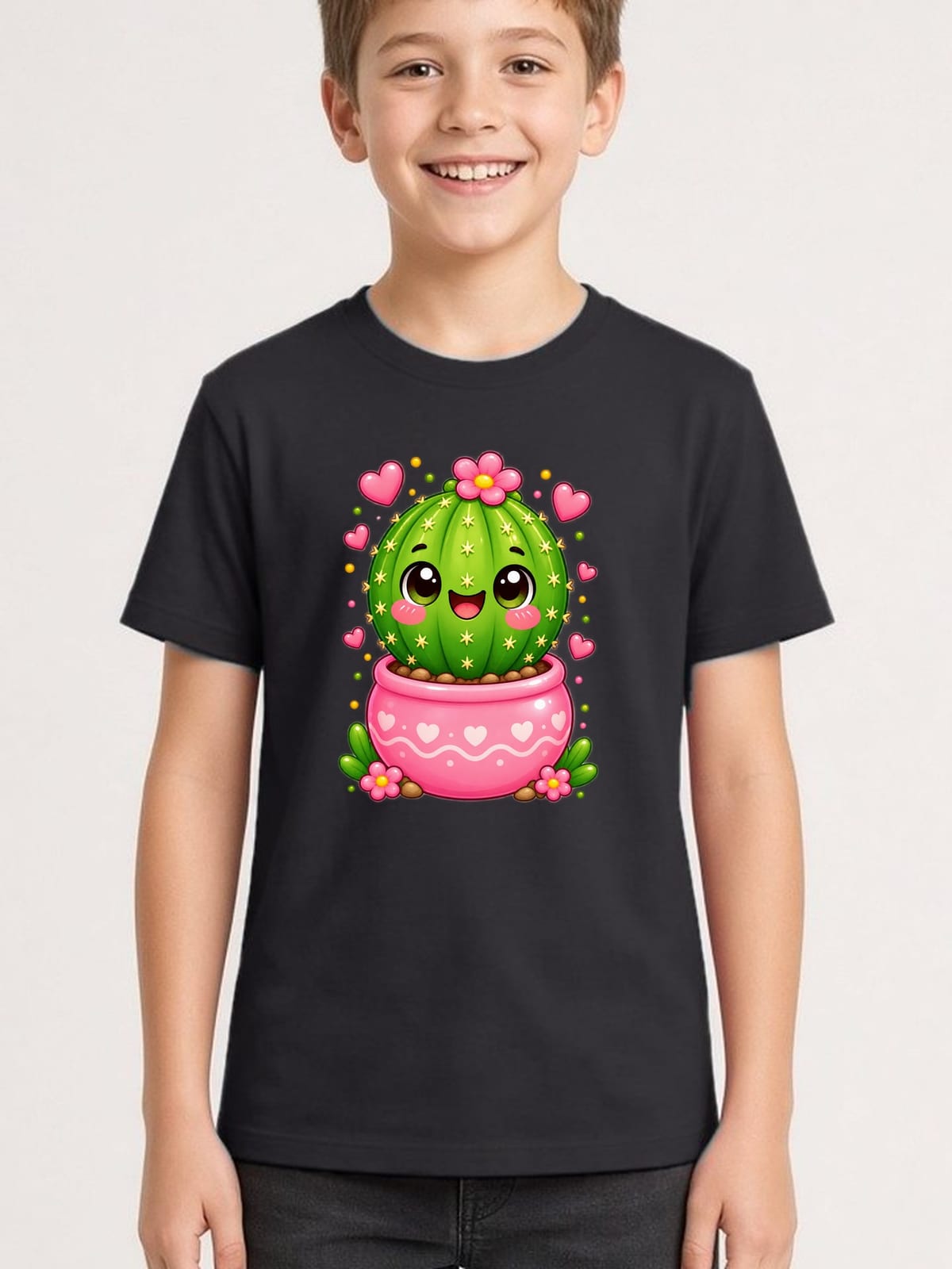 Koszulka z kaktusem dla chłopca czarna słodki styl kawaii