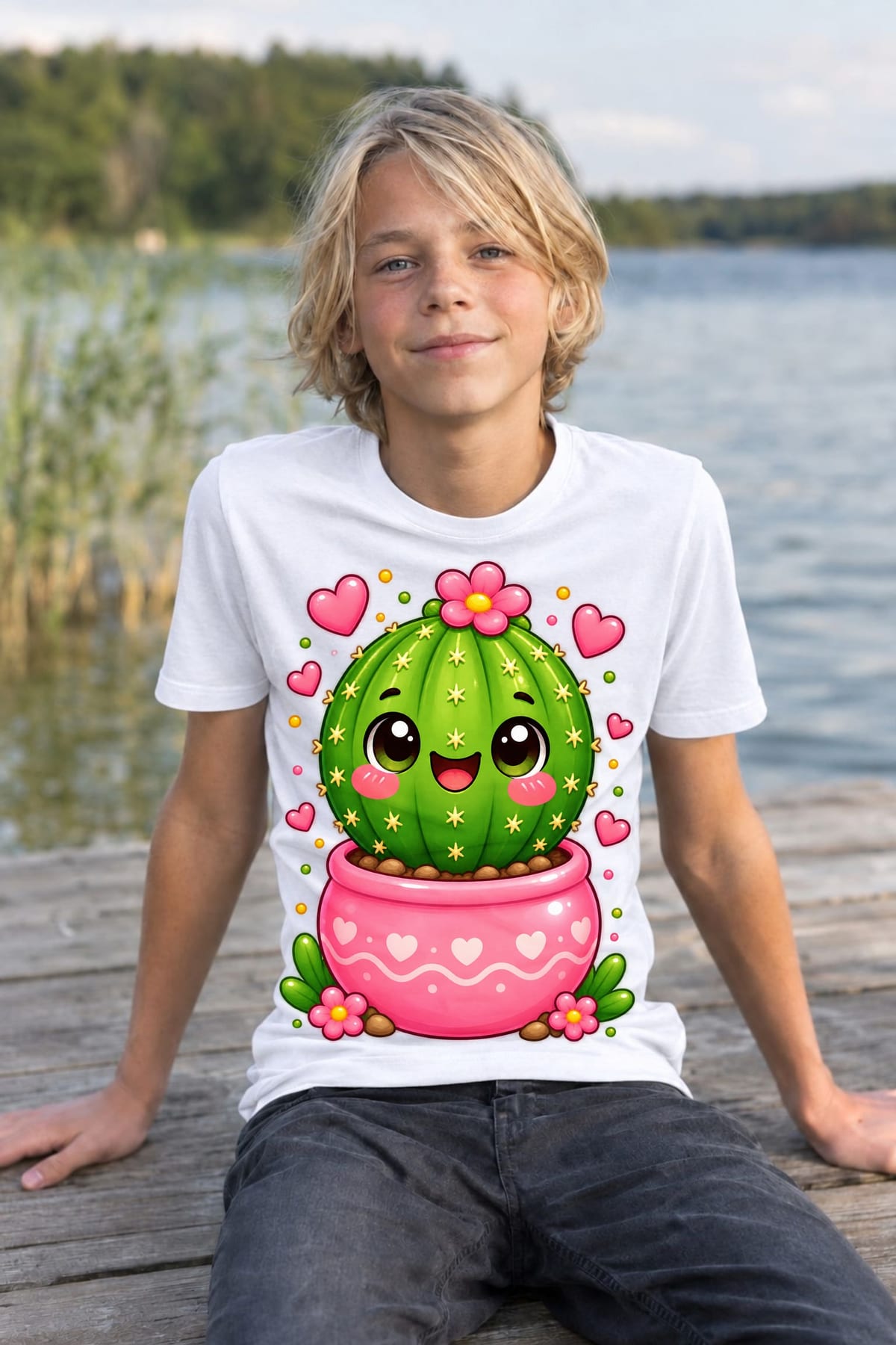 Koszulka z kaktusem dla chłopca biała słodki styl kawaii, zdjęcie 3