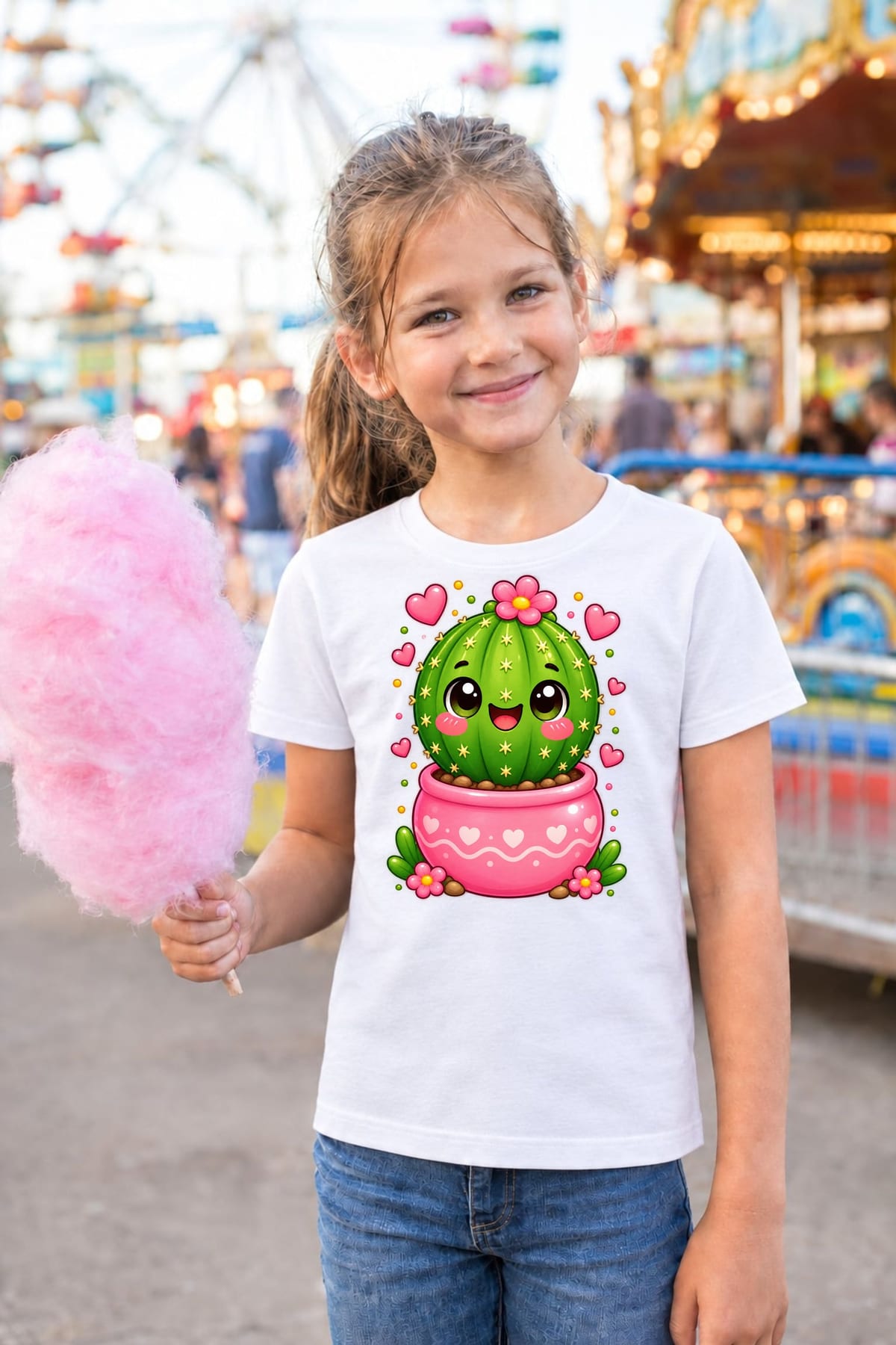 Koszulka z kaktusem dla dziewczynki biała słodki styl kawaii, zdjęcie 3
