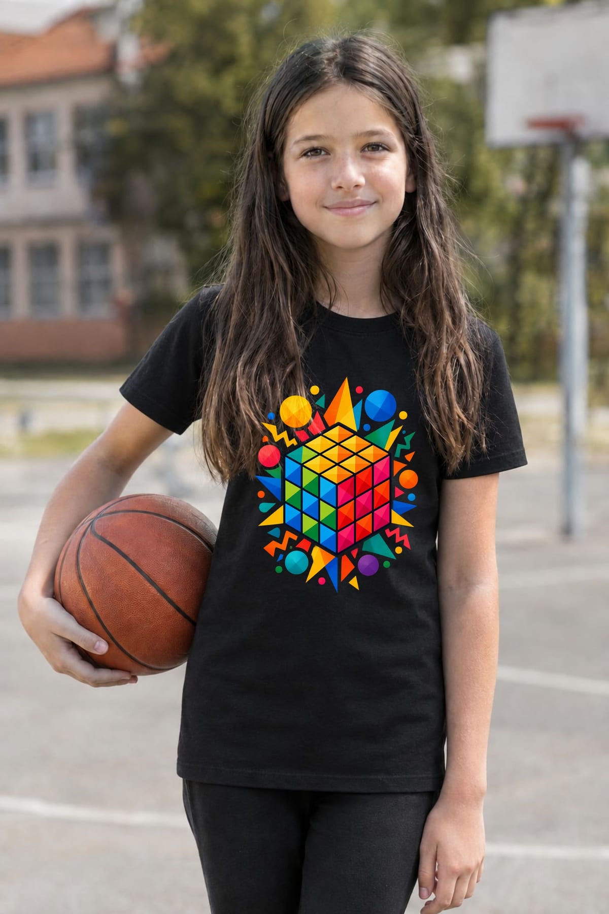 Koszulka dla dziewczynki z kostką rubika czarna geometryczne kształty, zdjęcie 8
