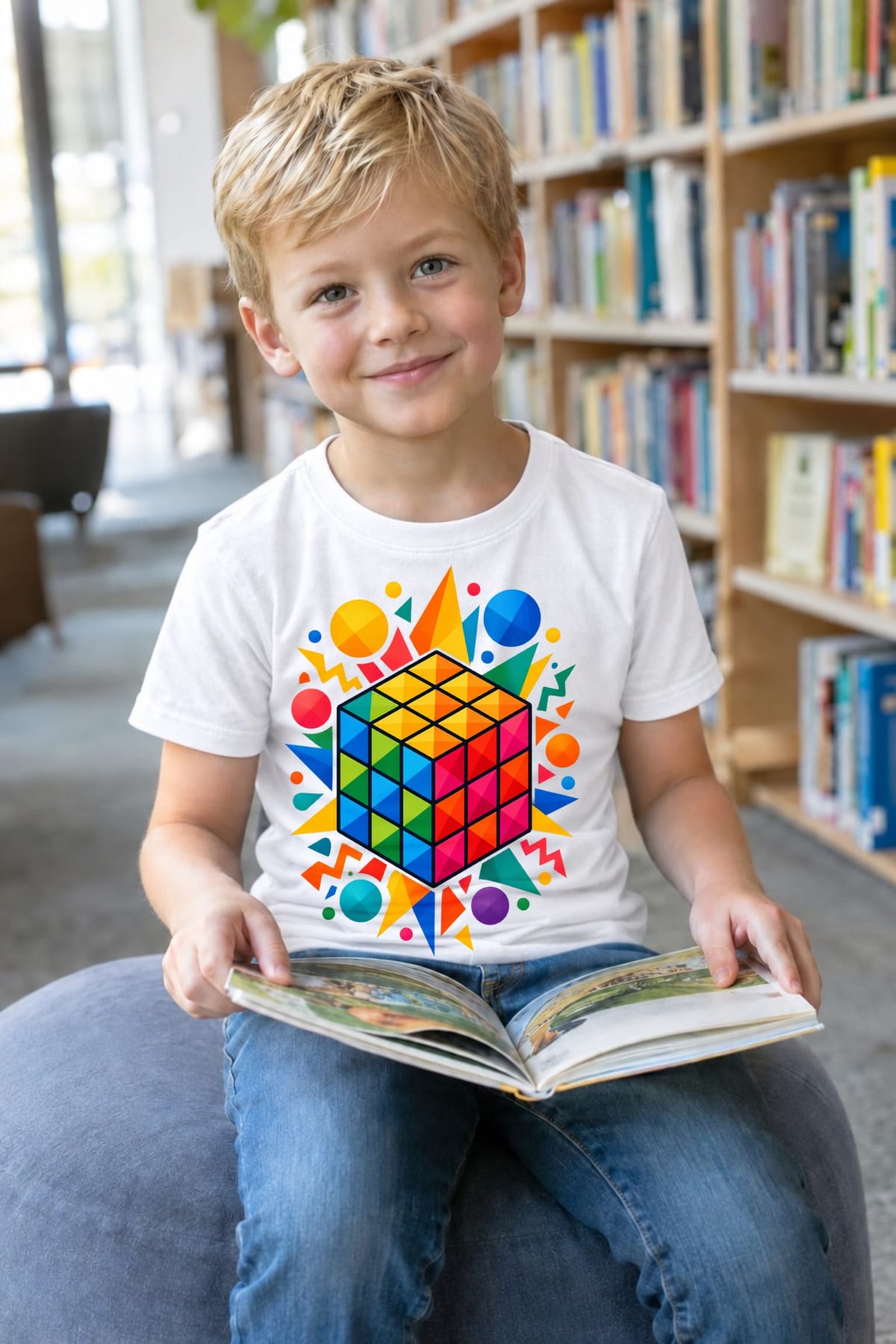 Koszulka dla chłopca z kostką rubika biała geometryczne kształty, zdjęcie 5