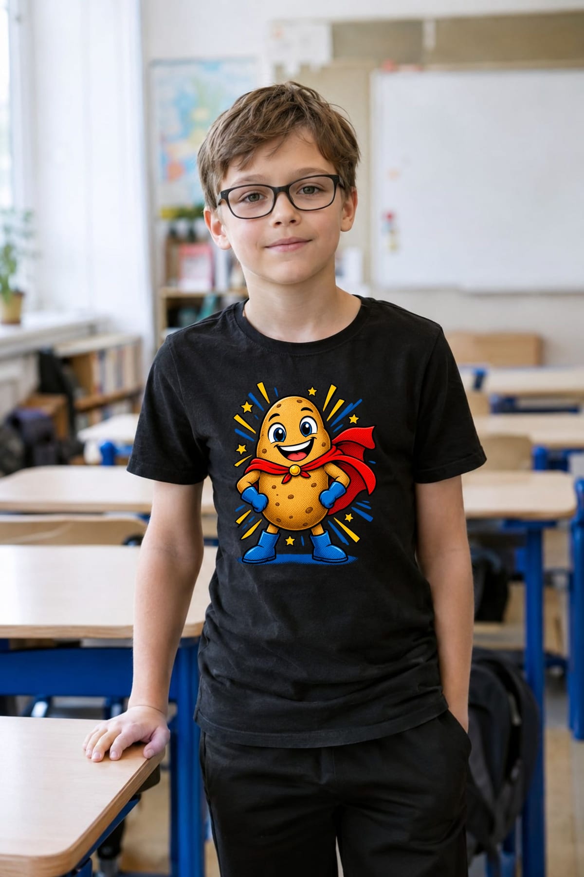 Koszulka z ziemniakiem dla chłopca czarna komiksowy superbohater, zdjęcie 4