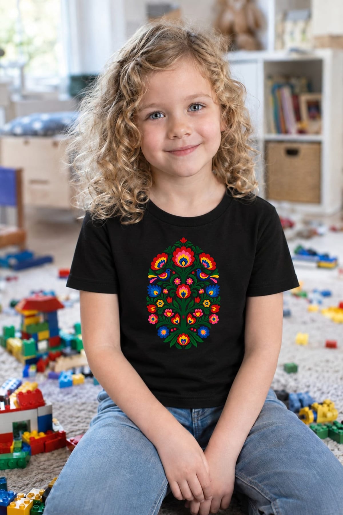 Koszulka dziecięca z drzewem dla dziewczynki czarna ludowa wycinanka, zdjęcie 4