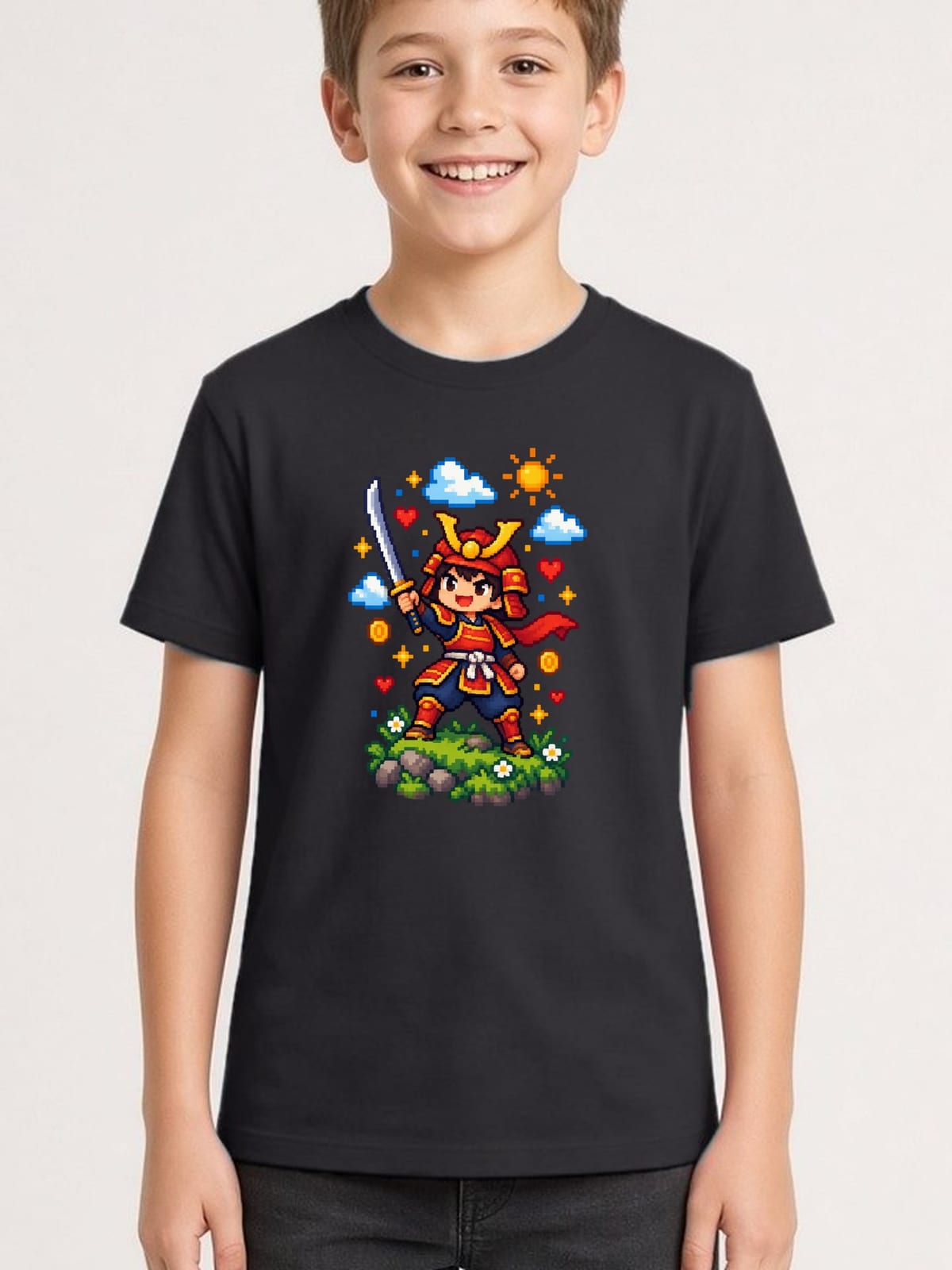 Koszulka z samurajem dla chłopca czarna pixel art retro gra