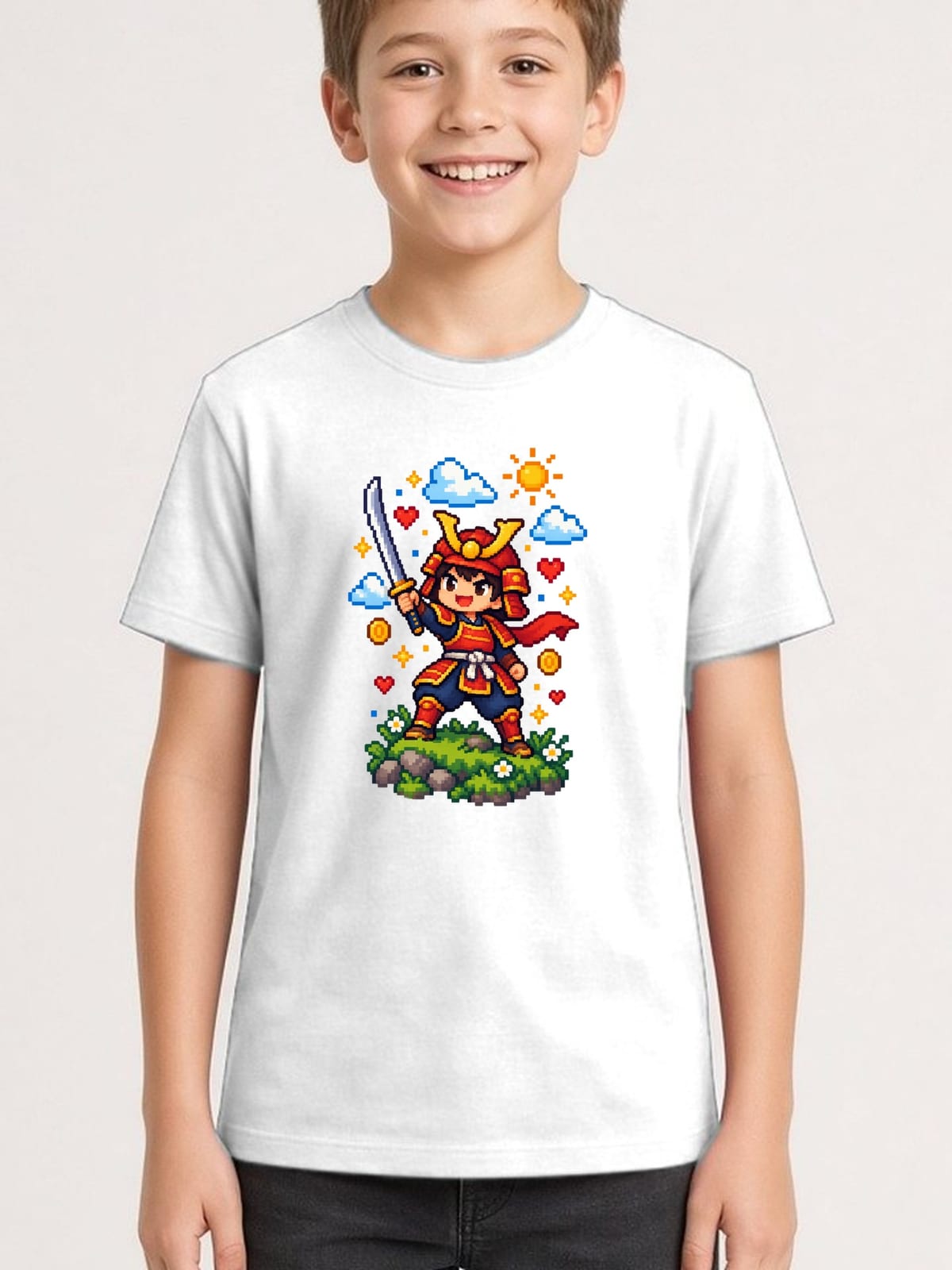 Koszulka z samurajem dla chłopca biała pixel art retro gra, zdjęcie 1