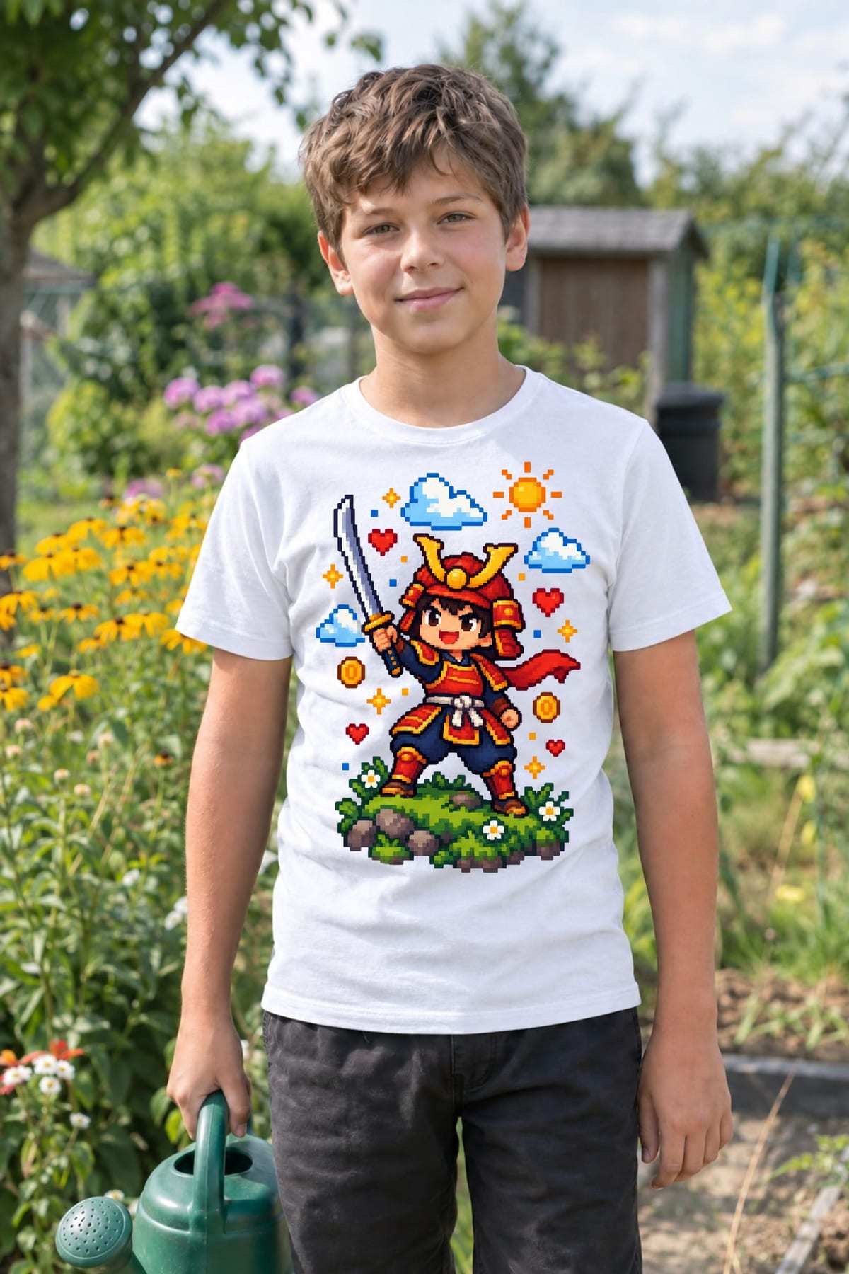 Koszulka z samurajem dla chłopca biała pixel art retro gra, zdjęcie 5