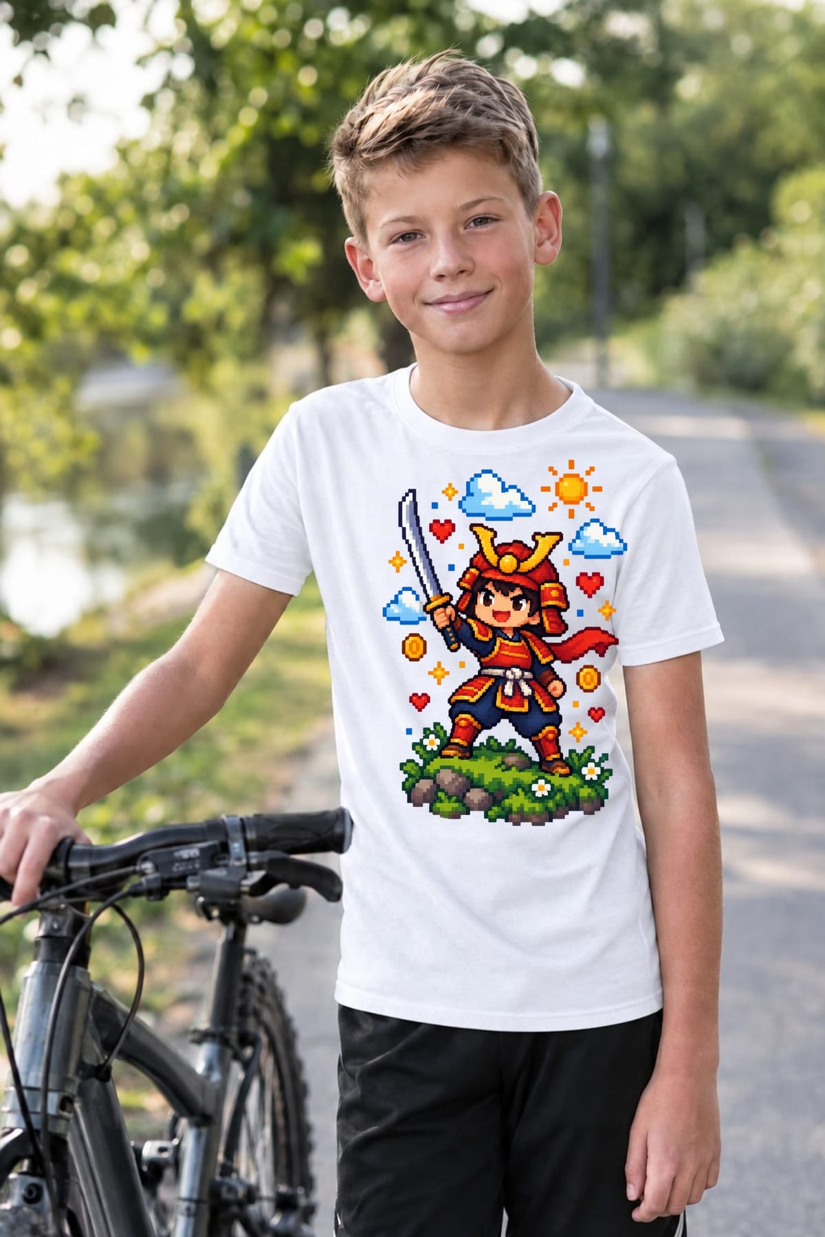 Koszulka z samurajem dla chłopca biała pixel art retro gra, zdjęcie 6