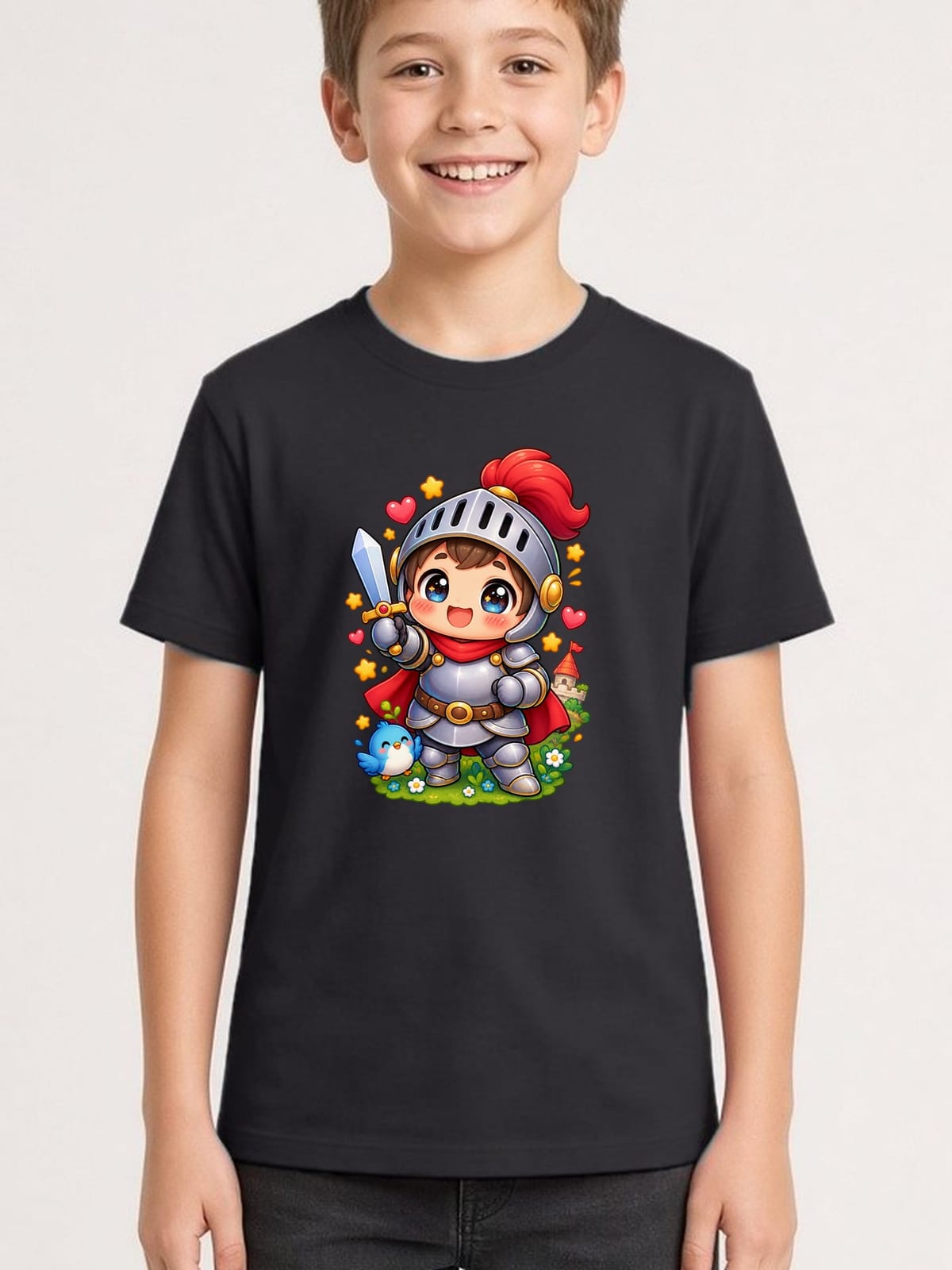 Koszulka dziecięca z rycerzem dla chłopca czarna słodki styl kawaii