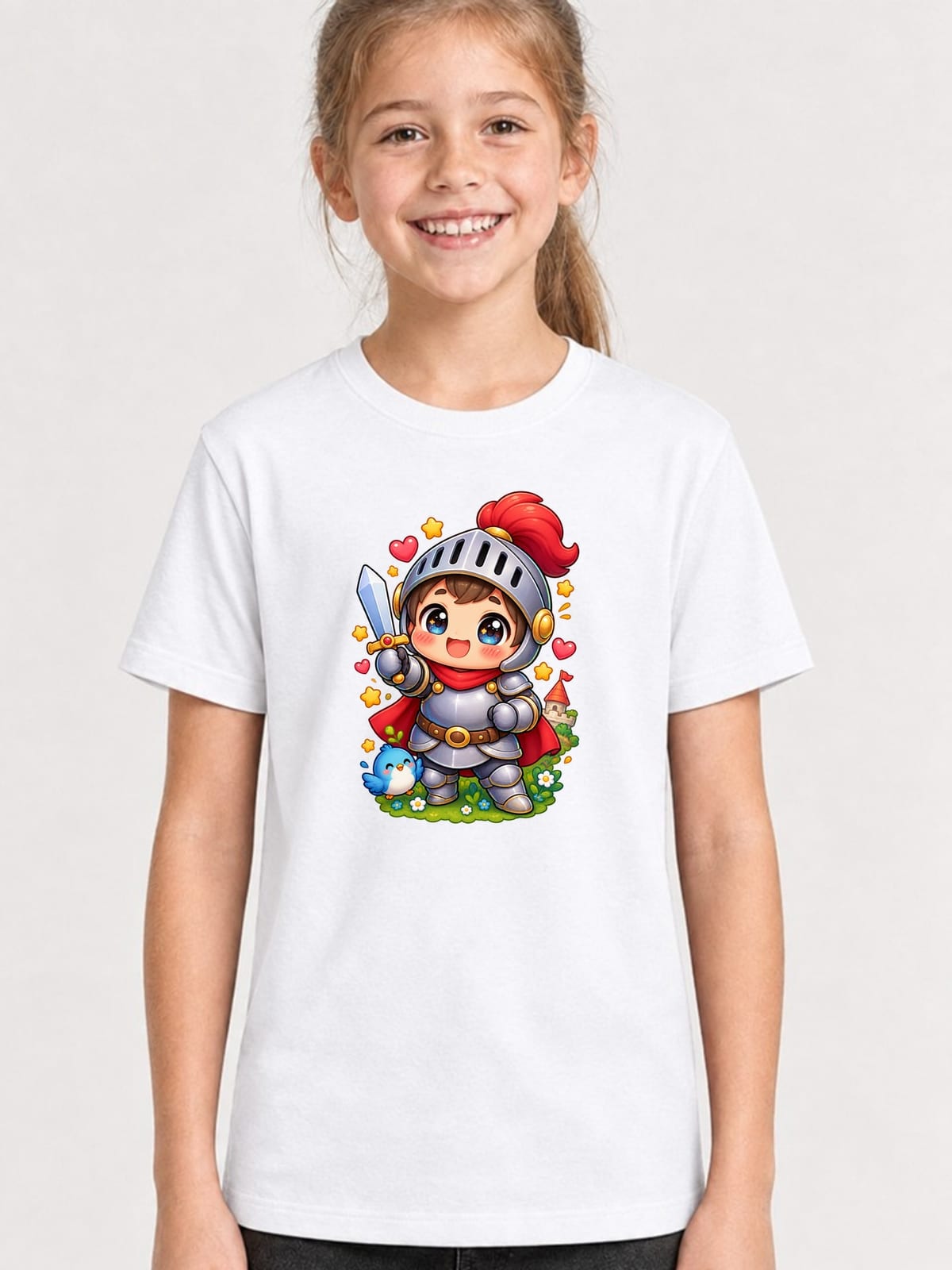 Koszulka dziecięca z rycerzem dla dziewczynki biała słodki kawaii