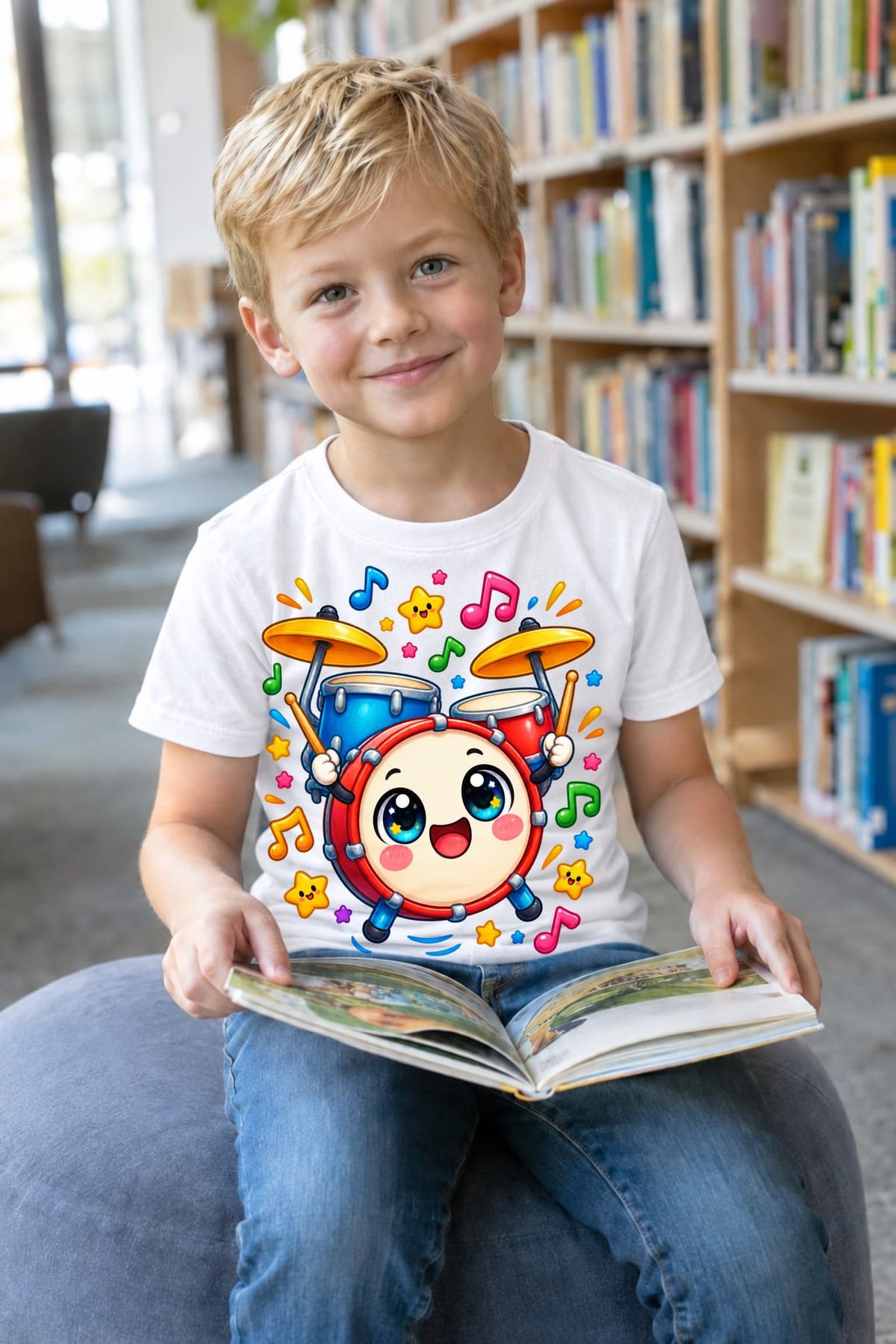Koszulka z perkusją dla chłopca biała słodki kawaii z buzią, zdjęcie 3