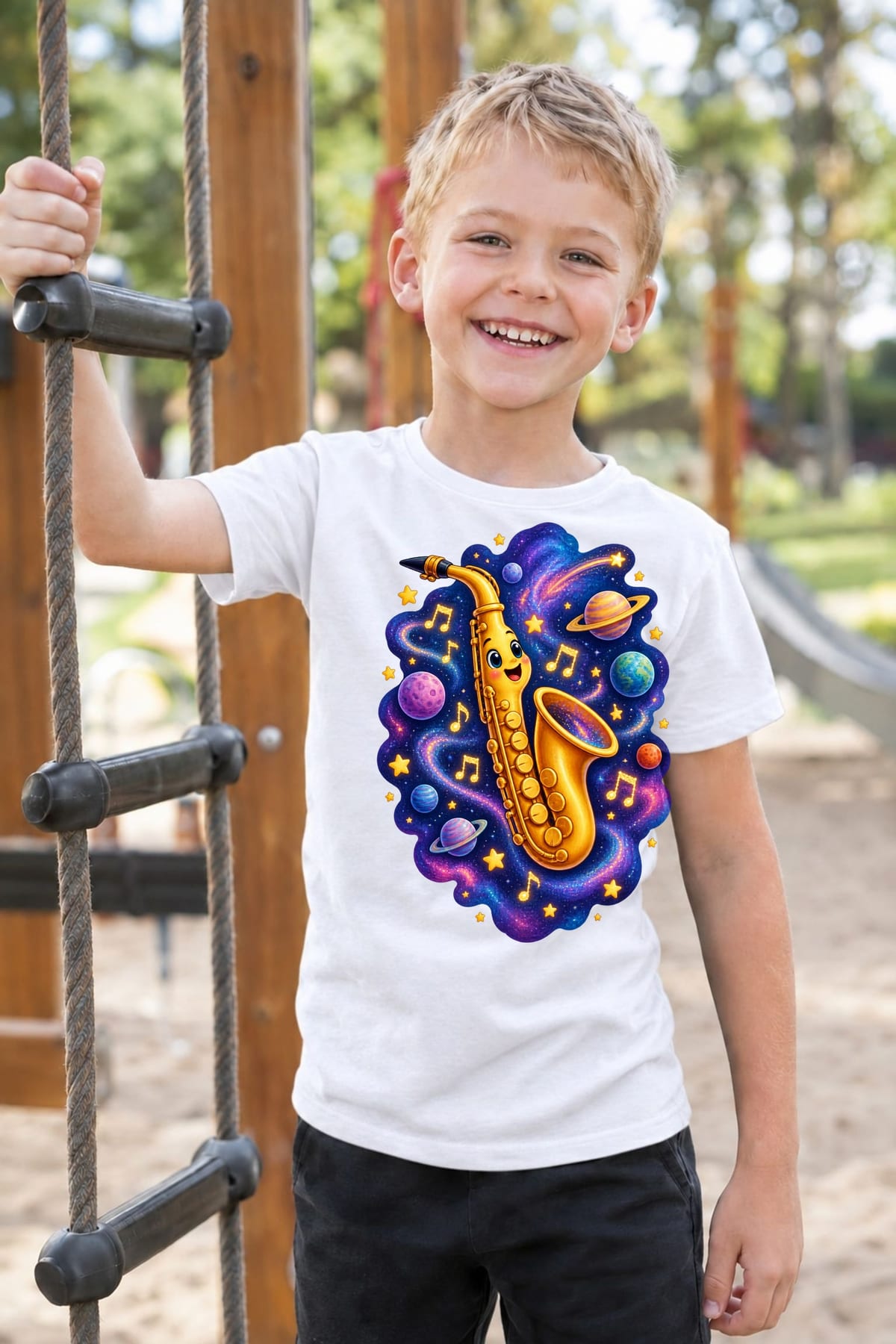 Koszulka z saksofonem dla chłopca biała kosmiczna scena wśród gwiazd, zdjęcie 4