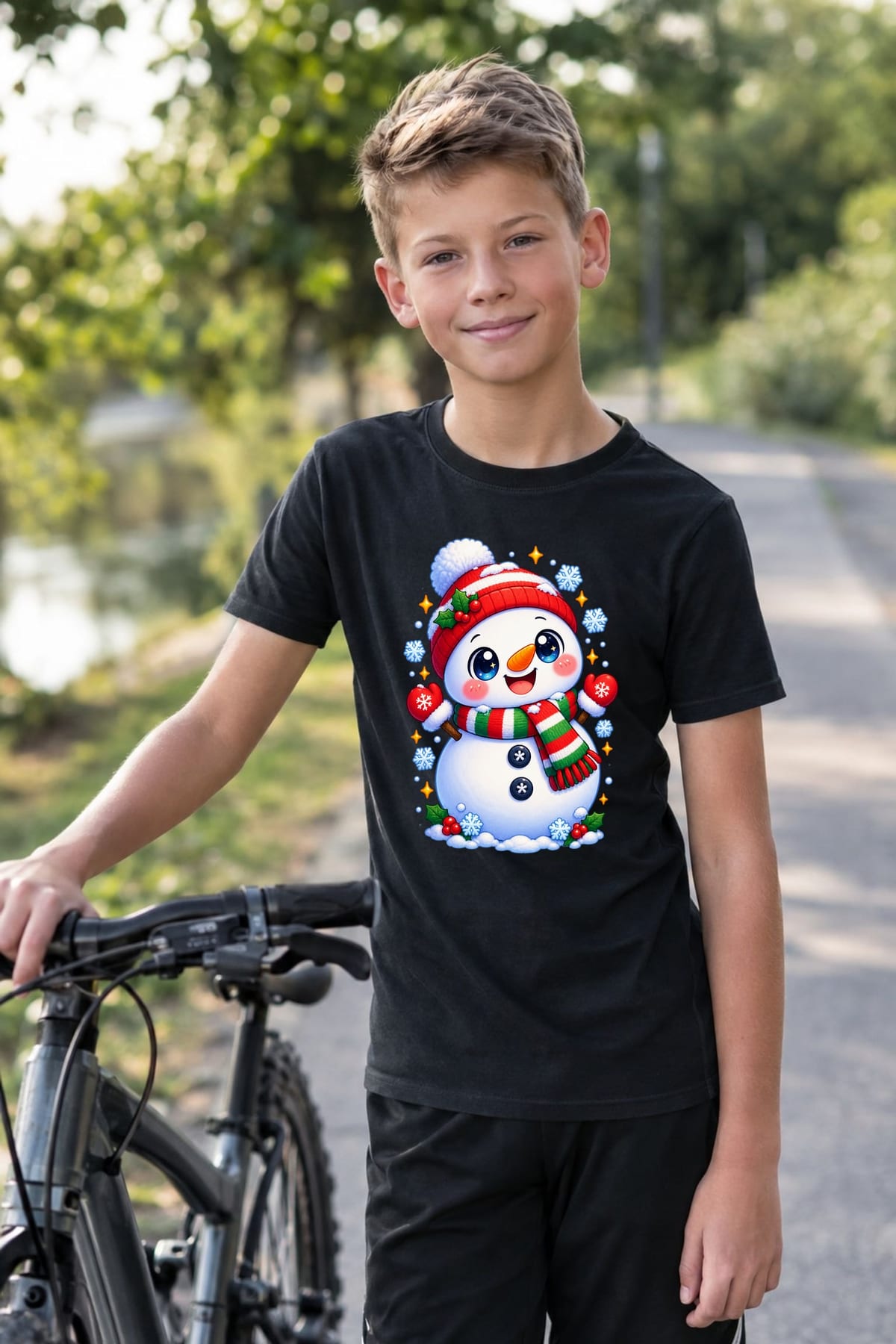 Koszulka dziecięca z bałwanem dla chłopca czarna słodki kawaii, zdjęcie 3