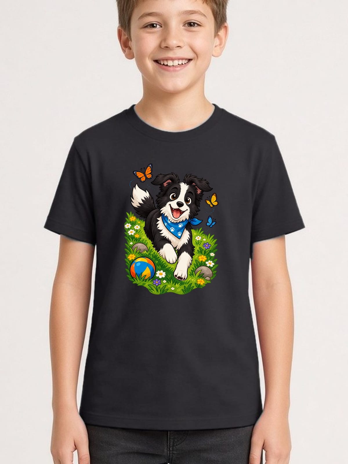 Koszulka dziecięca z border collie dla chłopca czarna wesoła bajka, zdjęcie 1