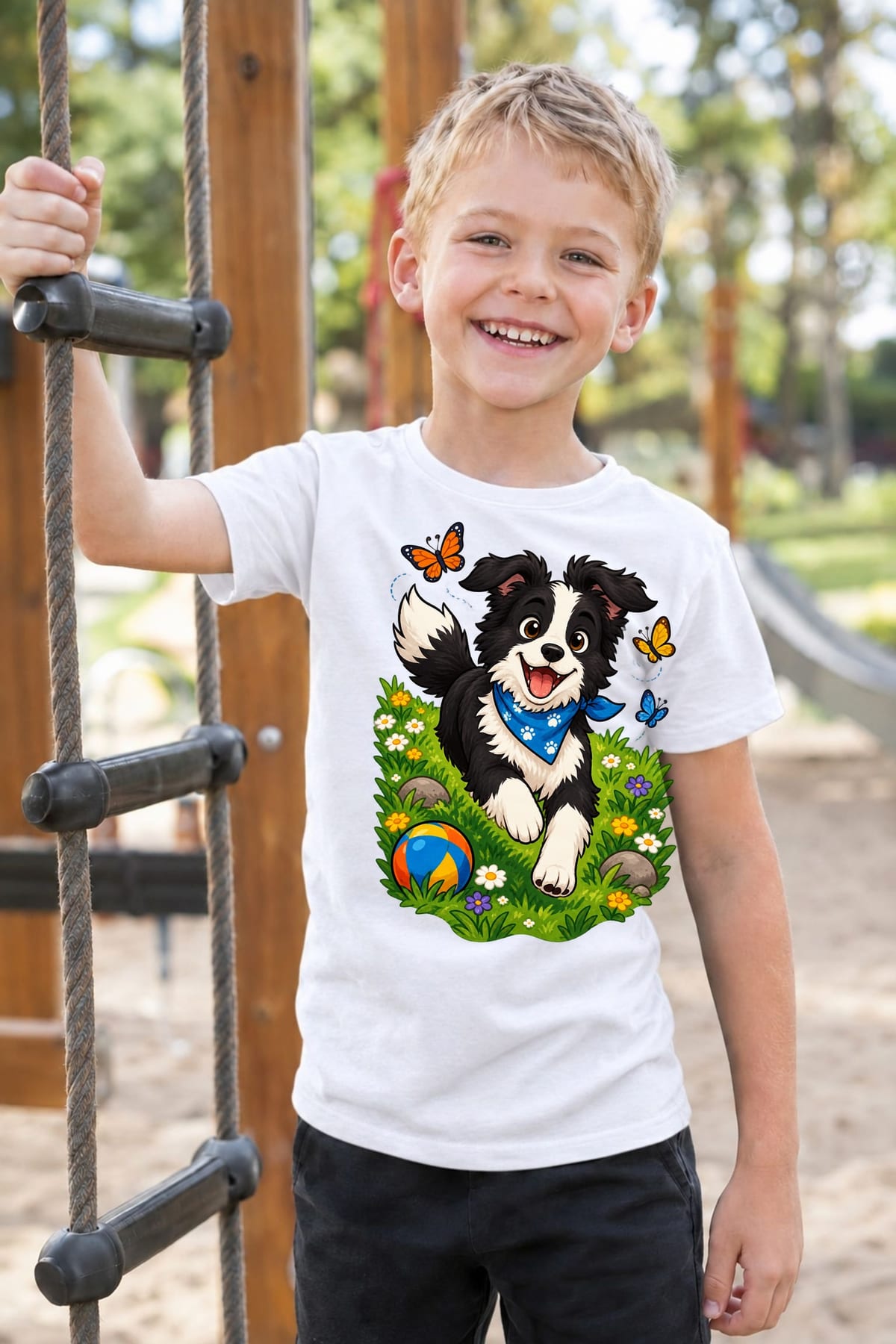 Koszulka dziecięca z border collie dla chłopca biała wesoła bajka, zdjęcie 4