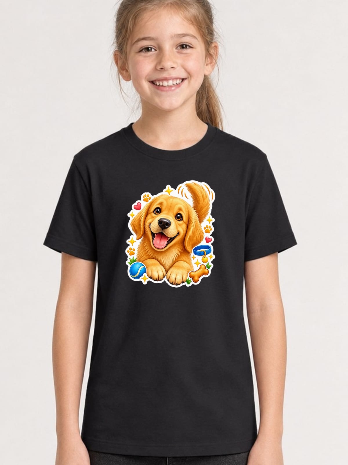 Koszulka z golden retrieverem dla dziewczynki czarna efekt naklejki, zdjęcie 1