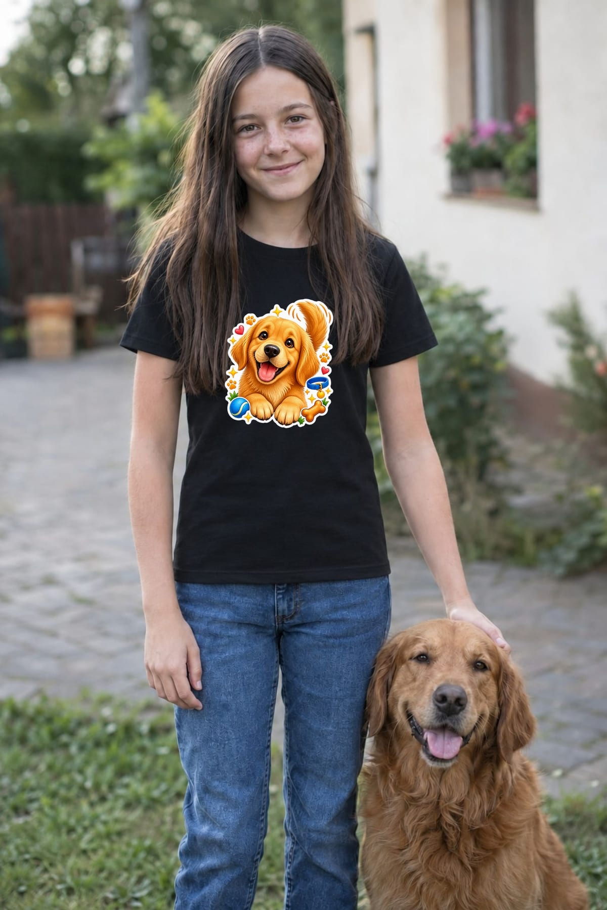 Koszulka z golden retrieverem dla dziewczynki czarna efekt naklejki, zdjęcie 4