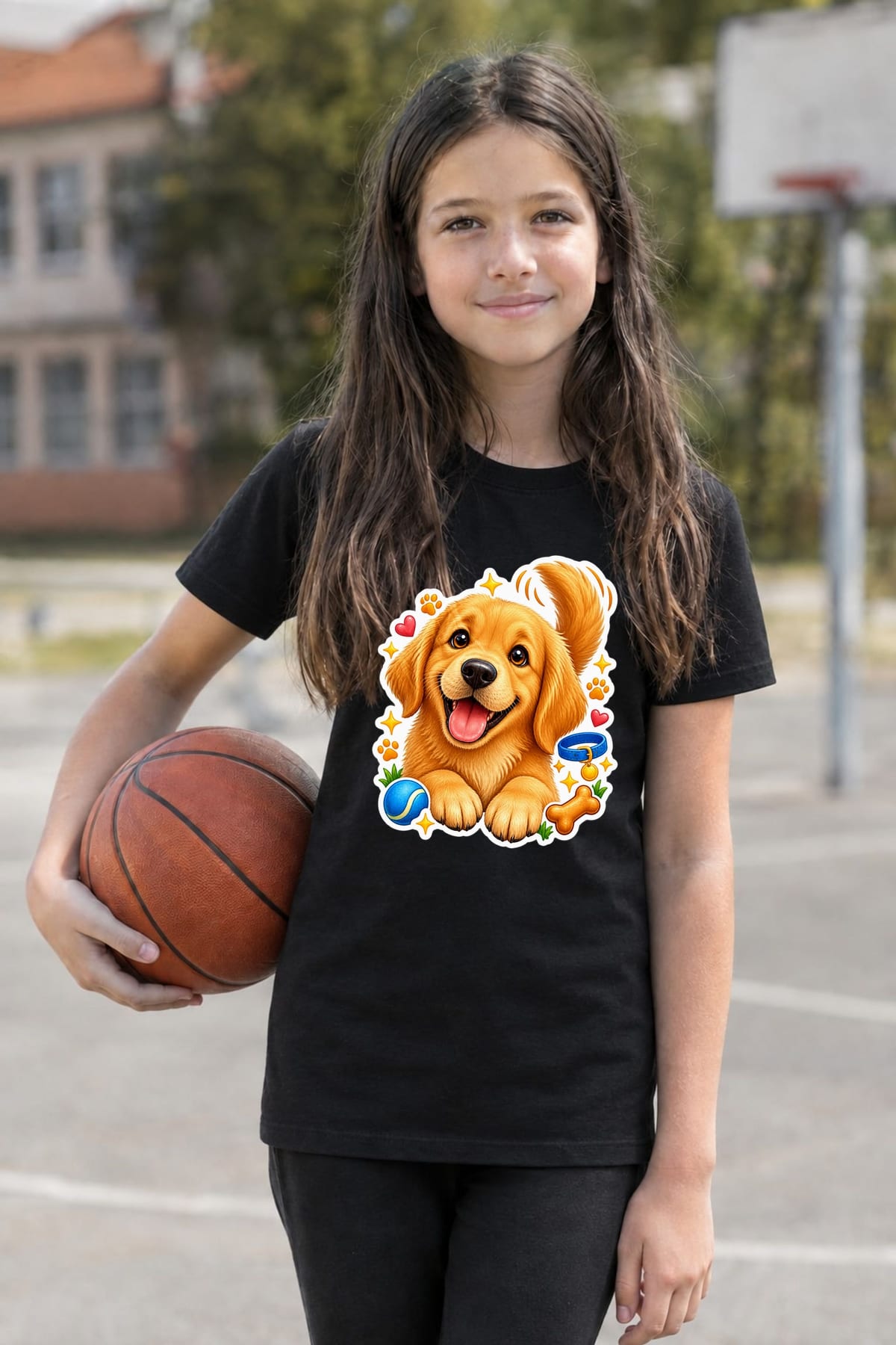 Koszulka z golden retrieverem dla dziewczynki czarna efekt naklejki, zdjęcie 8