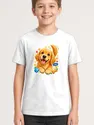 Koszulka z golden retrieverem dla chłopca biała efekt naklejki, zdjęcie 1
