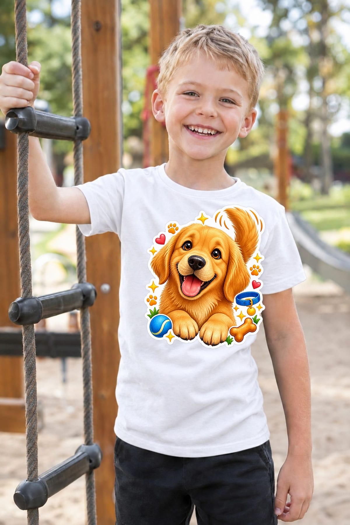 Koszulka z golden retrieverem dla chłopca biała efekt naklejki, zdjęcie 3