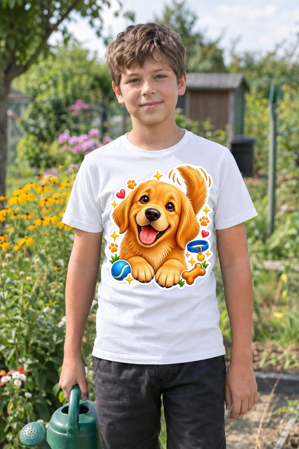 Koszulka z golden retrieverem dla chłopca biała efekt naklejki, zdjęcie 4