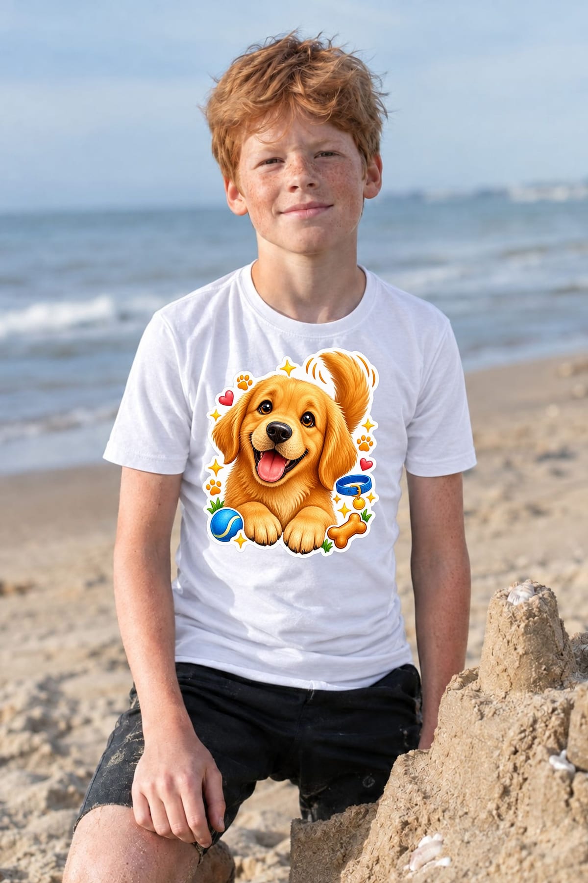 Koszulka z golden retrieverem dla chłopca biała efekt naklejki, zdjęcie 5