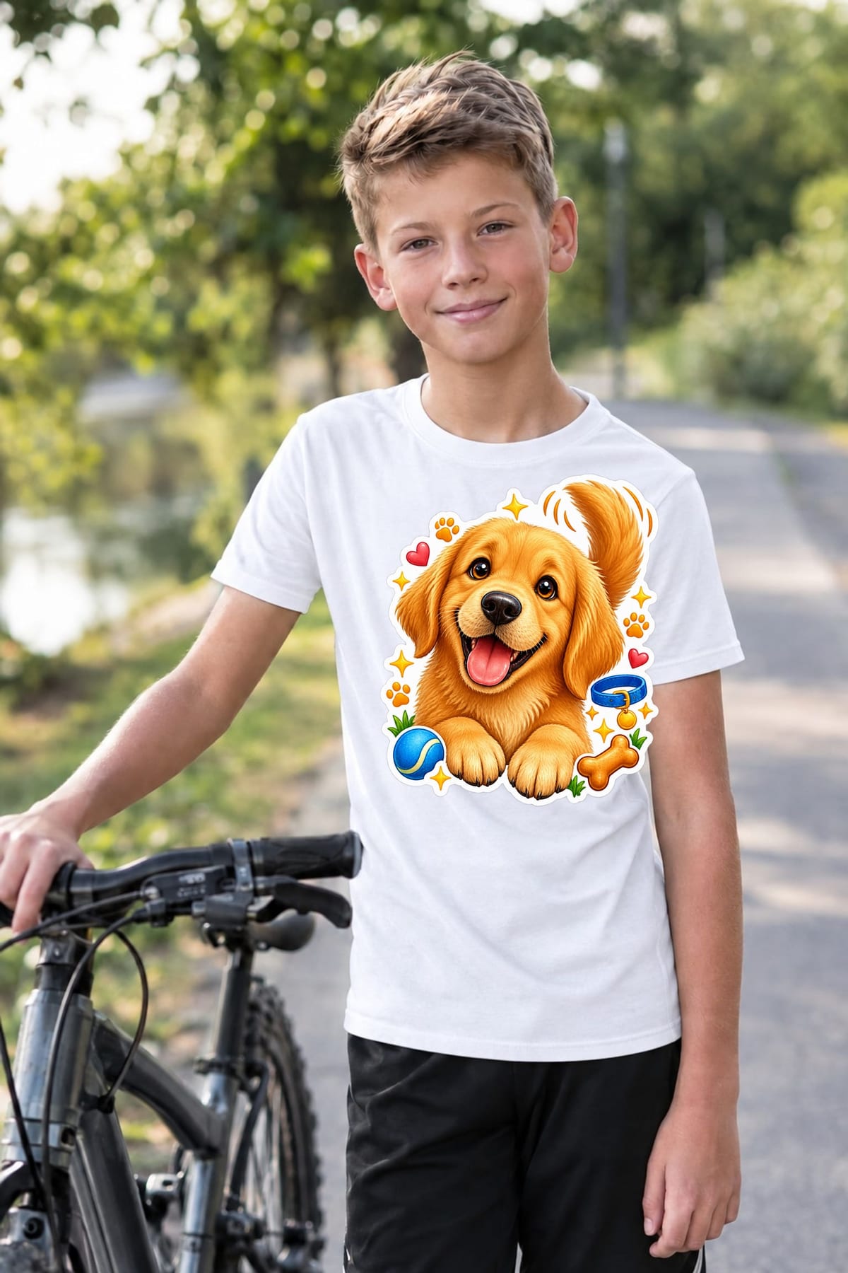Koszulka z golden retrieverem dla chłopca biała efekt naklejki, zdjęcie 8