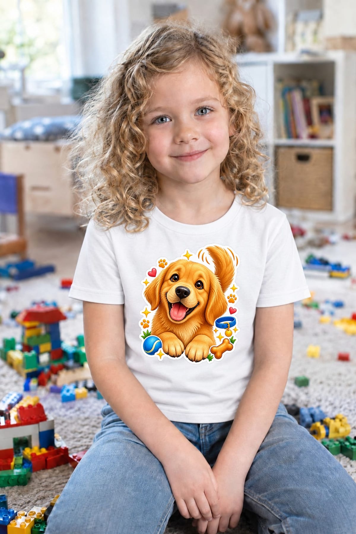 Koszulka z golden retrieverem dla dziewczynki biała efekt naklejki, zdjęcie 5