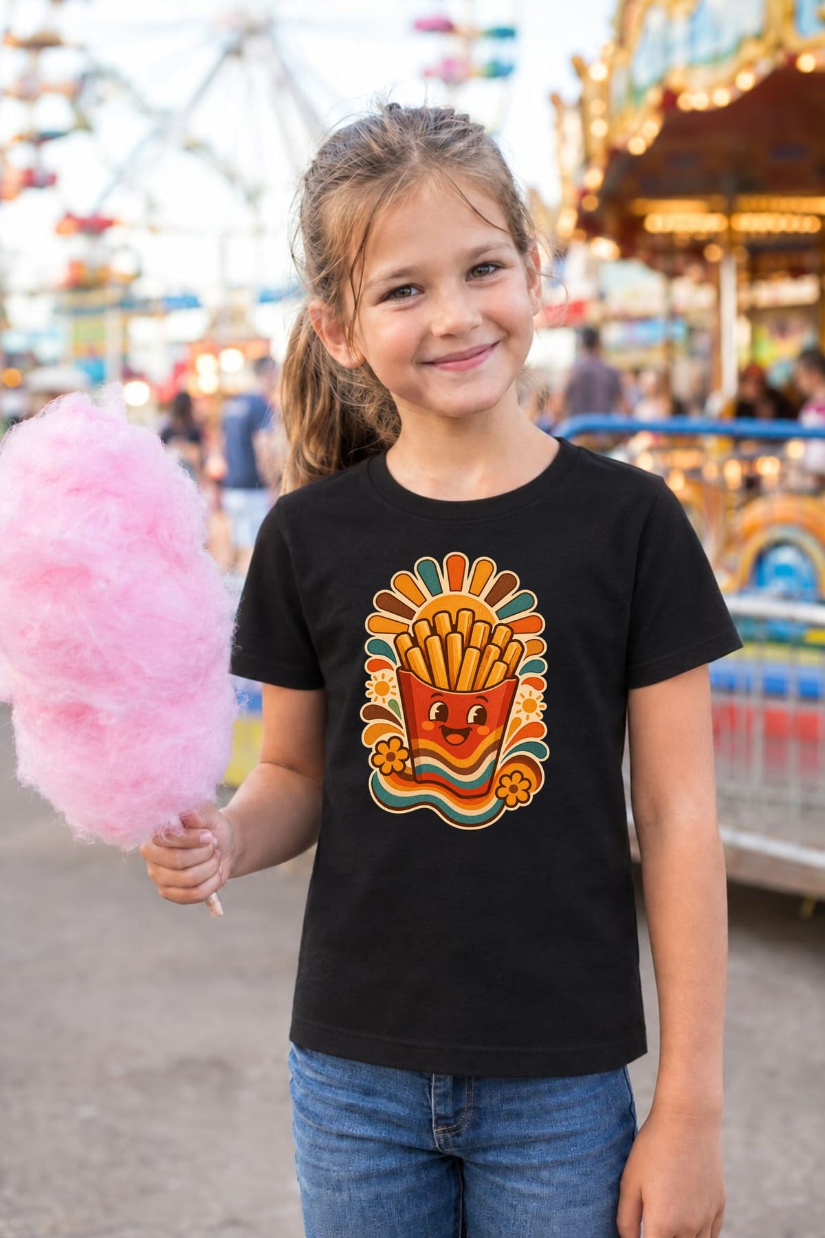 Koszulka z frytkami dla dziewczynki czarna ciepłe retro lata 70, zdjęcie 4
