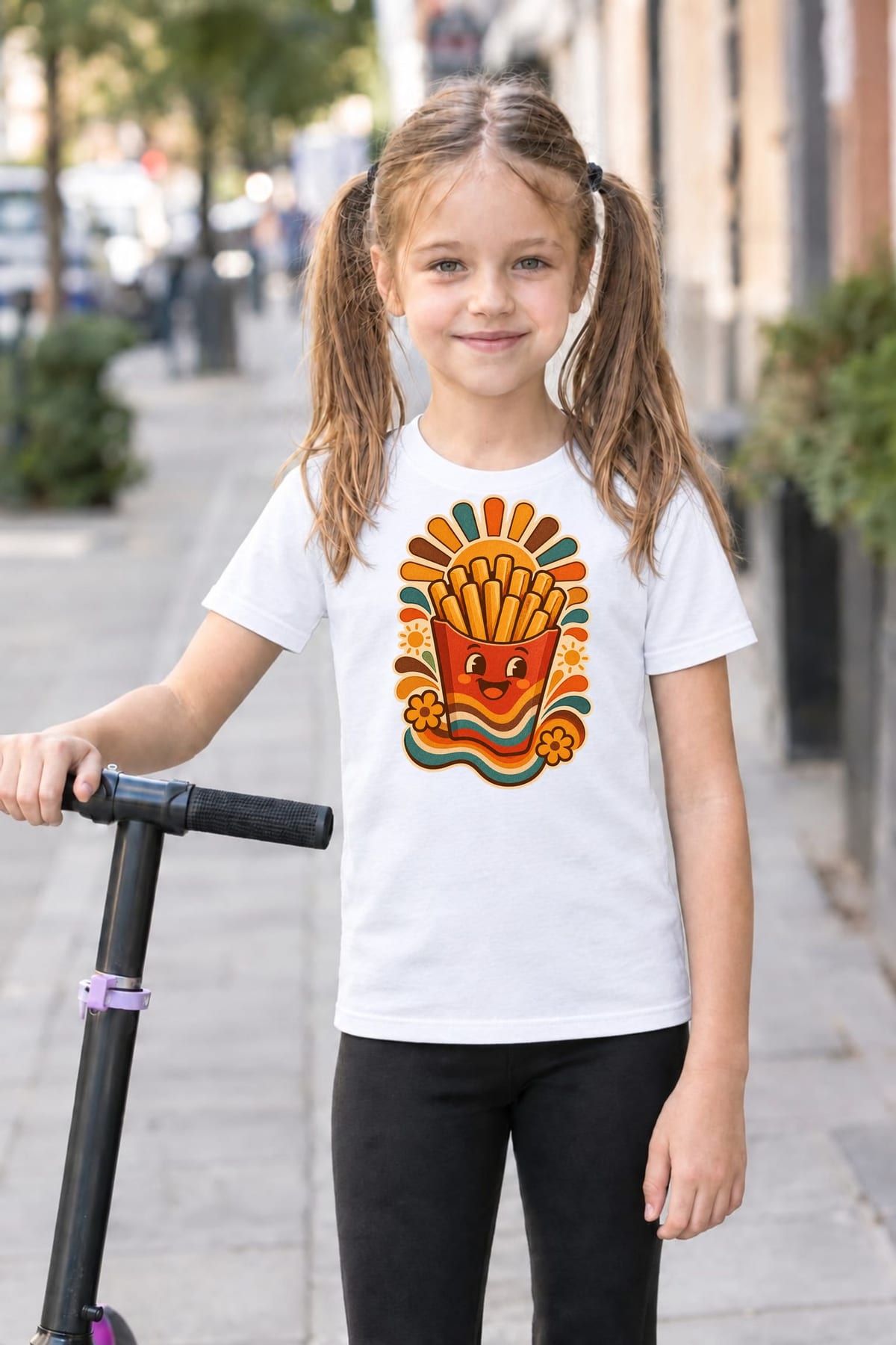 Koszulka z frytkami dla dziewczynki biała ciepłe retro lata 70, zdjęcie 3