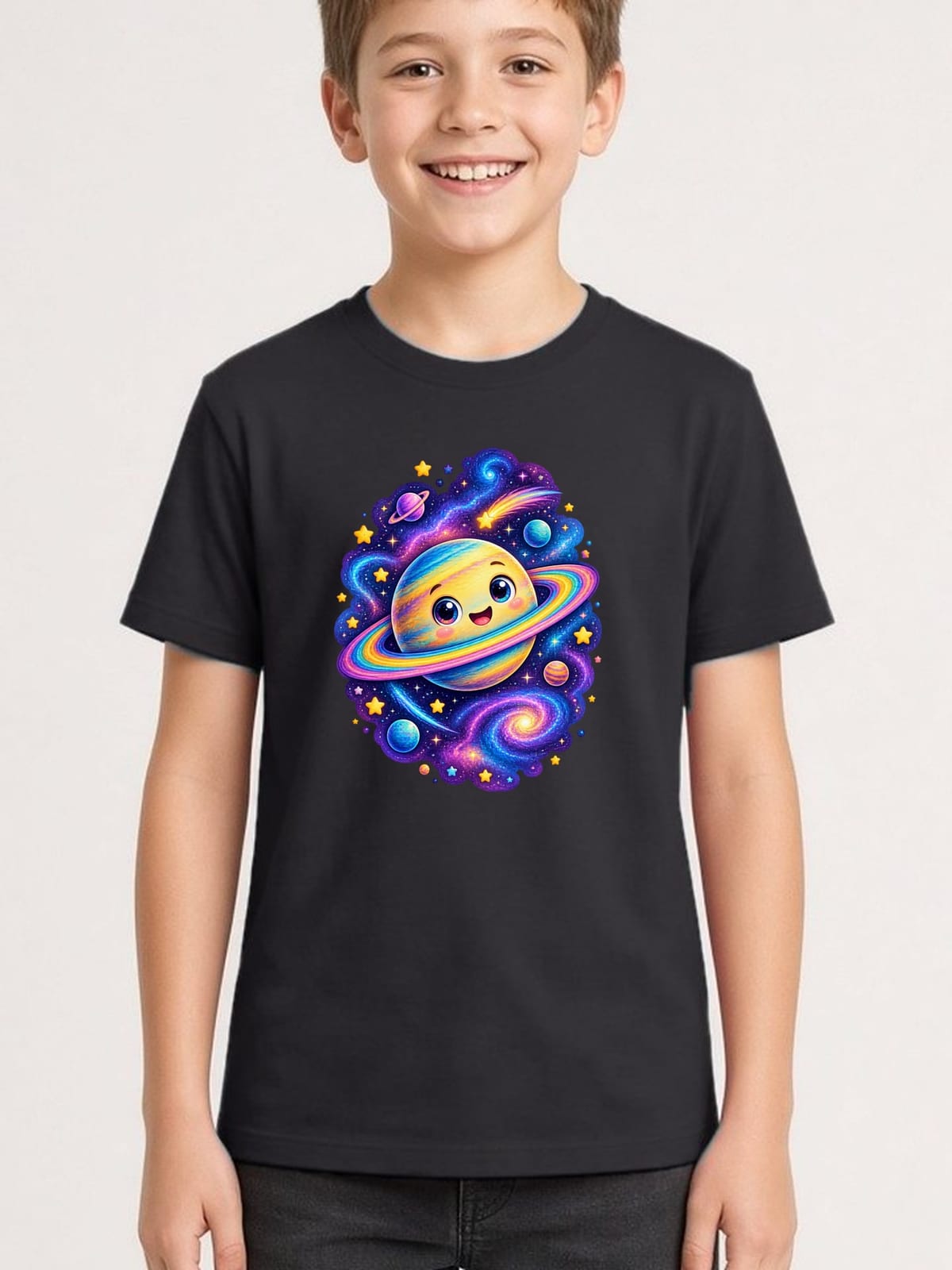 Koszulka z planetami dla chłopca czarna kosmiczny styl z gwiazdami