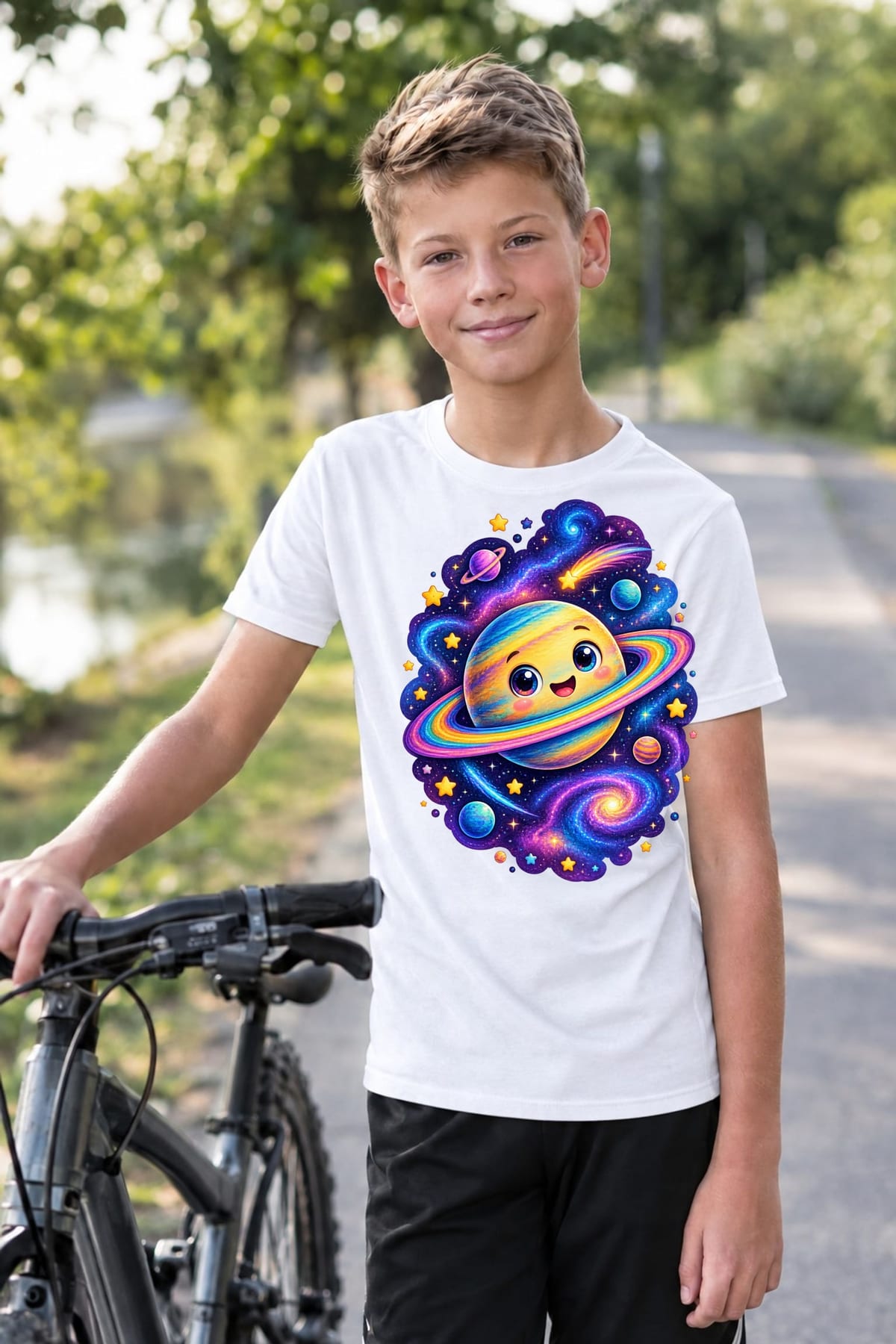 Koszulka z planetami dla chłopca biała kosmiczny styl z gwiazdami, zdjęcie 3