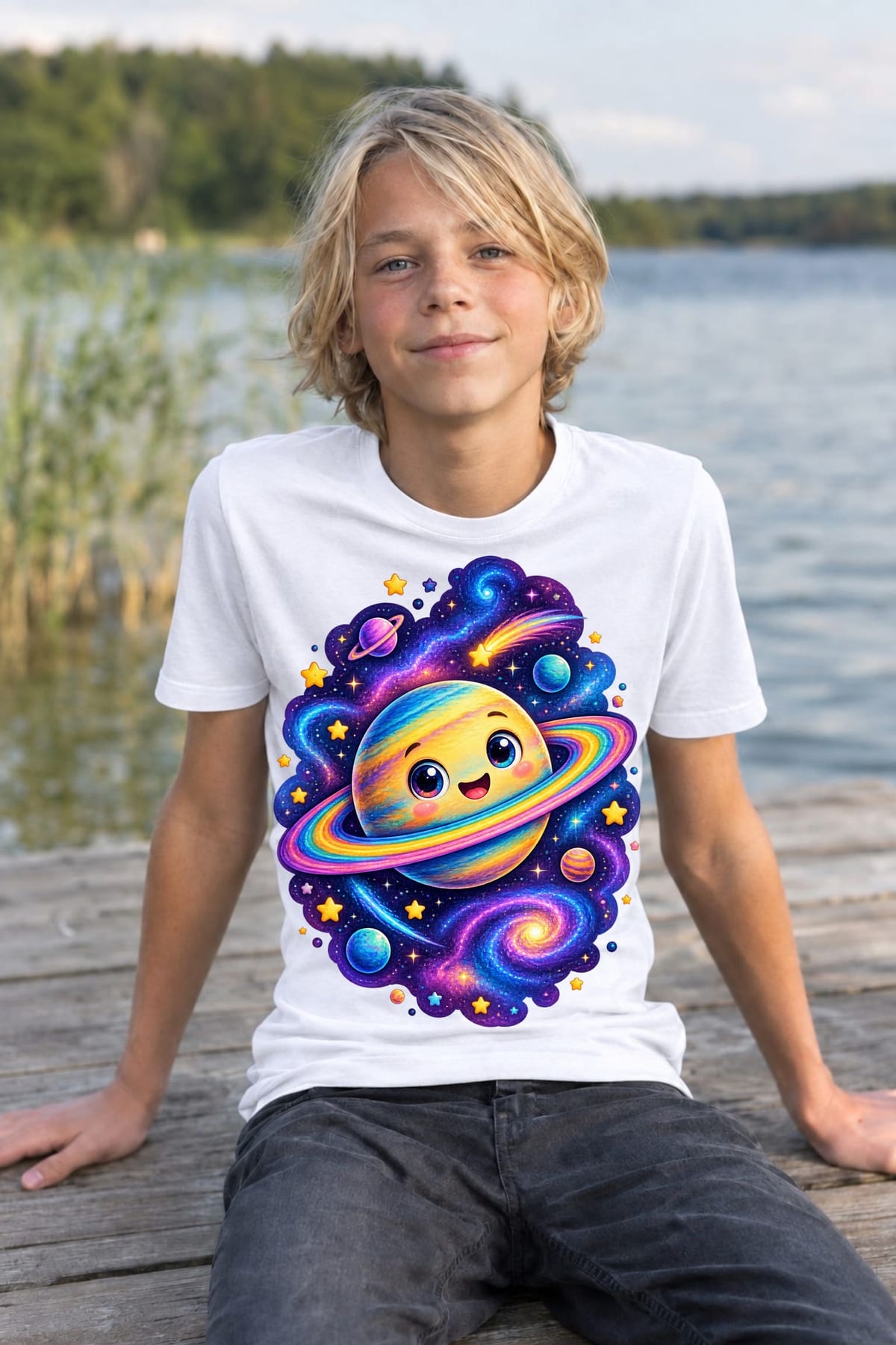 Koszulka z planetami dla chłopca biała kosmiczny styl z gwiazdami, zdjęcie 5